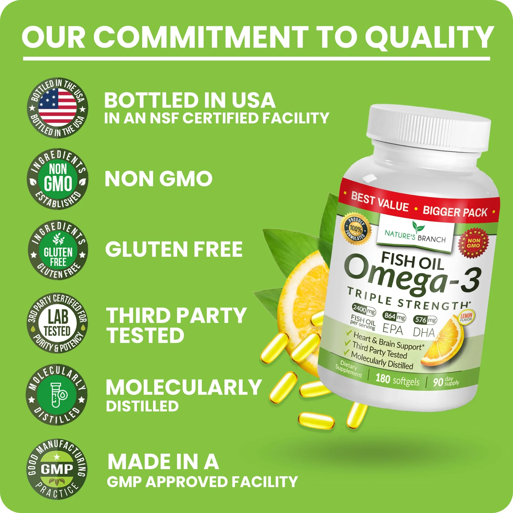 Triple Strength Omega-3 Fish Oil Pills — 180 Softgels, 2400mg, Burpless Lemon - Image 7