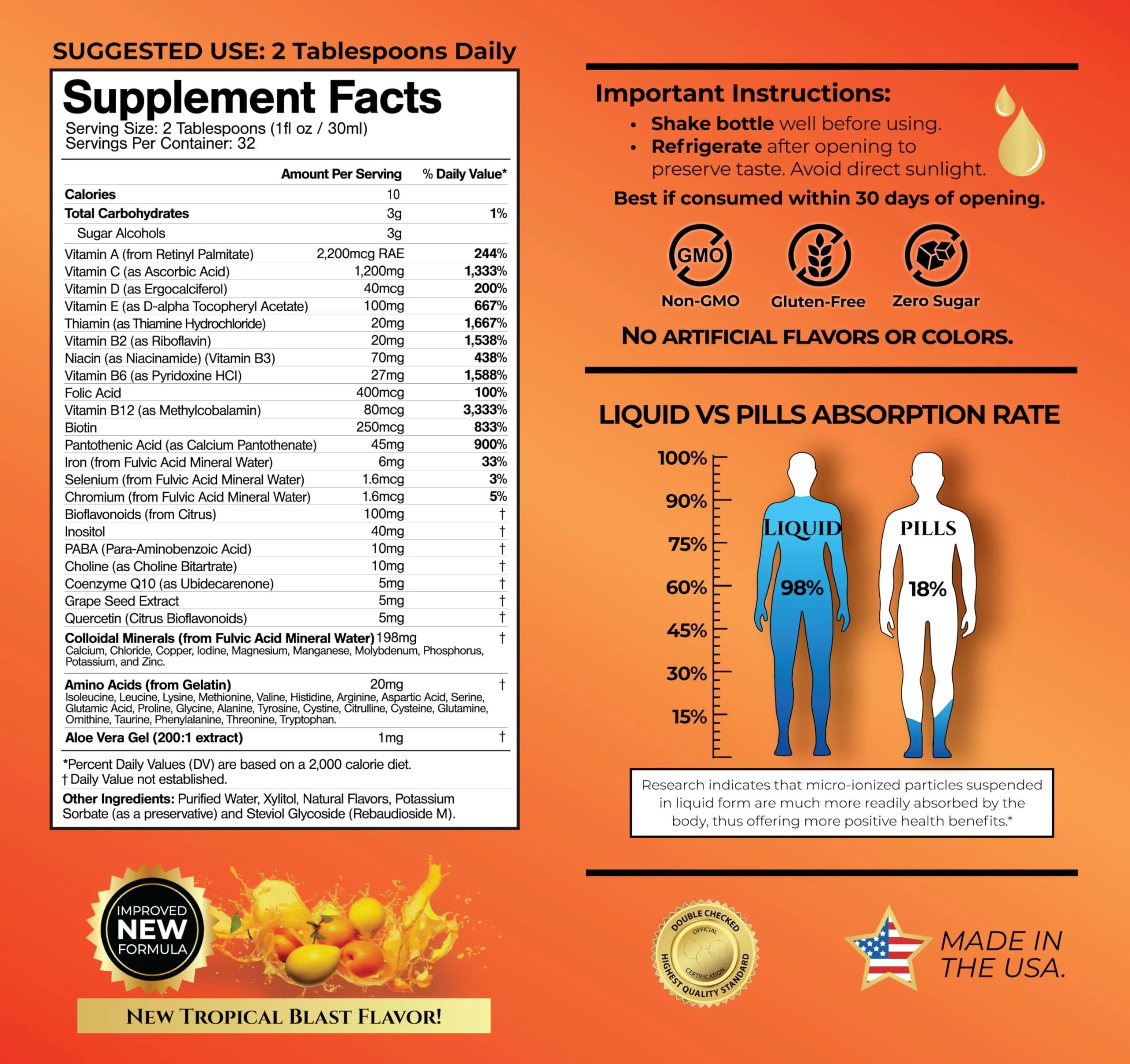 Tropical Oasis Mega Premium Liquid Multivitamin – 1333% Vitamin C, 200% Vitamin D3, Zinc | 32 Servings | Sugar Free | Orange - Image 2