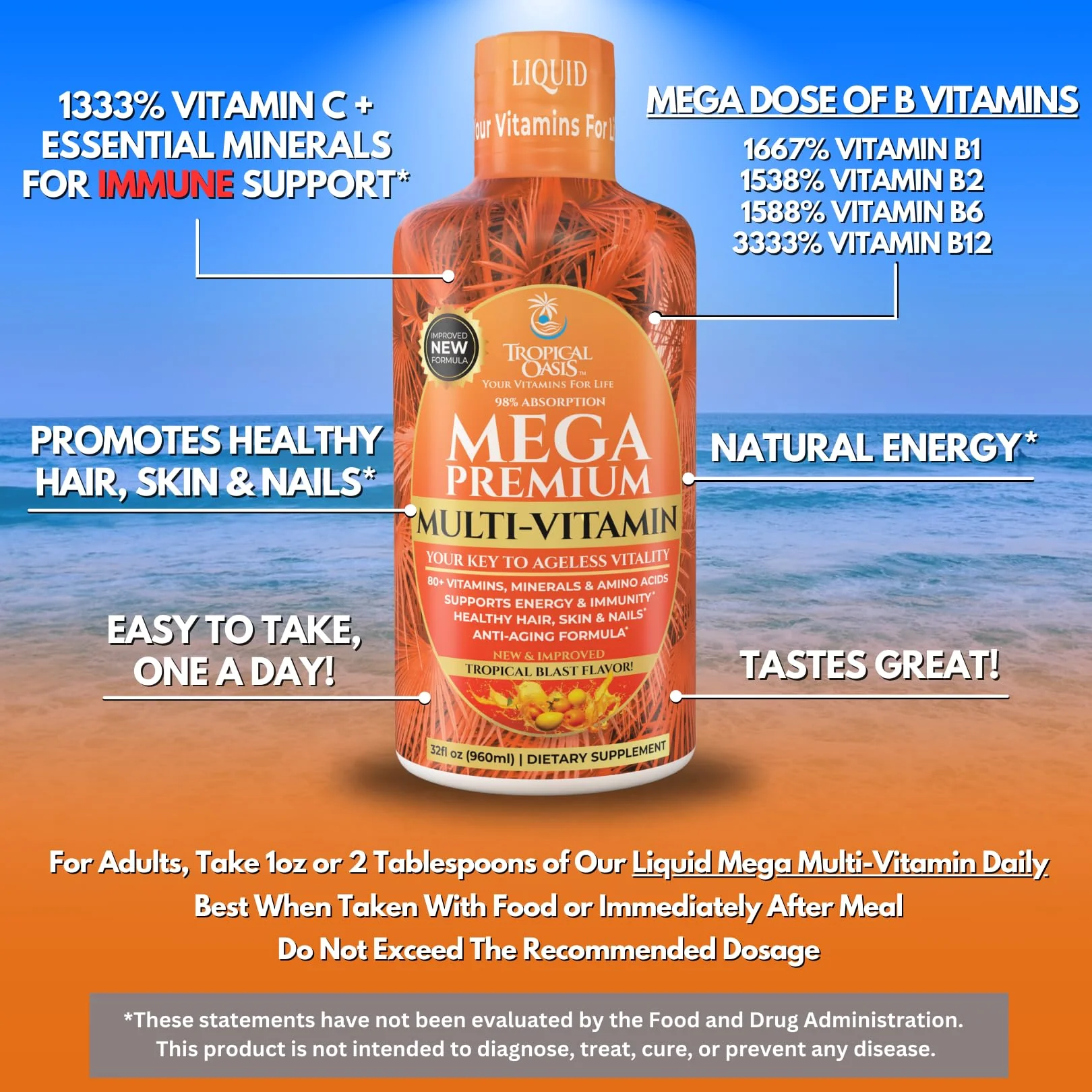 Tropical Oasis Mega Premium Liquid Multivitamin – 1333% Vitamin C, 200% Vitamin D3, Zinc | 32 Servings | Sugar Free | Orange - Image 4