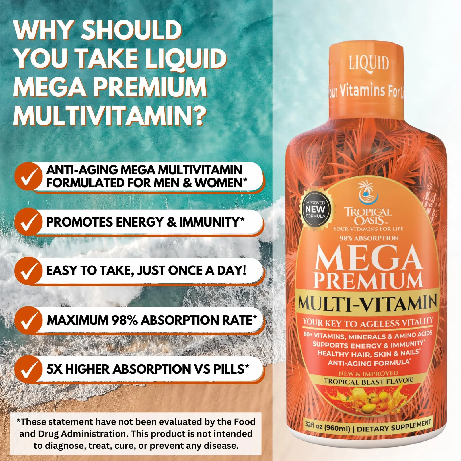 Tropical Oasis Mega Premium Liquid Multivitamin – 1333% Vitamin C, 200% Vitamin D3, Zinc | 32 Servings | Sugar Free | Orange - Image 5