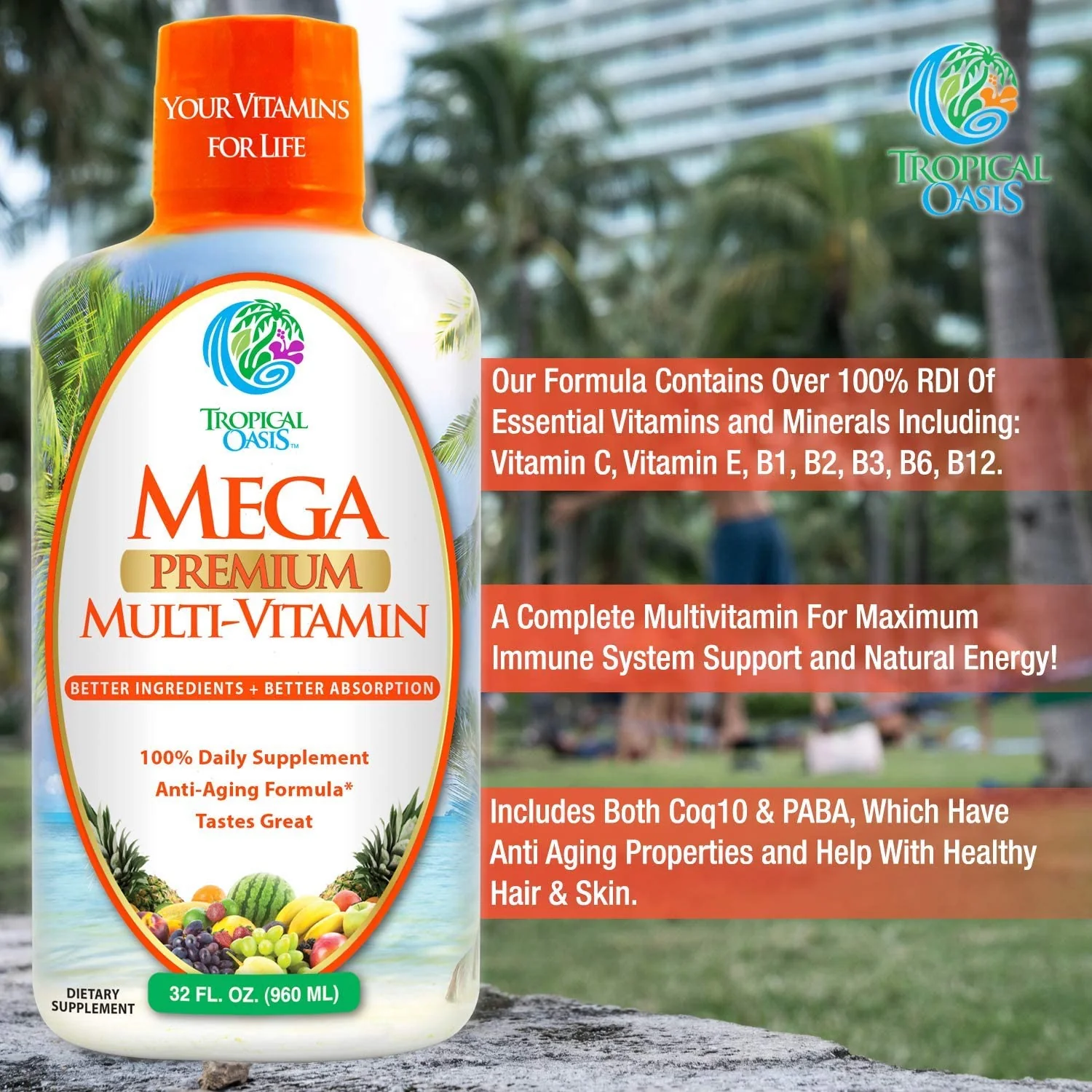 Tropical Oasis Mega Premium Liquid Multivitamin – 1333% Vitamin C, 200% Vitamin D3, Zinc | 32 Servings | Sugar Free | Orange - Image 7