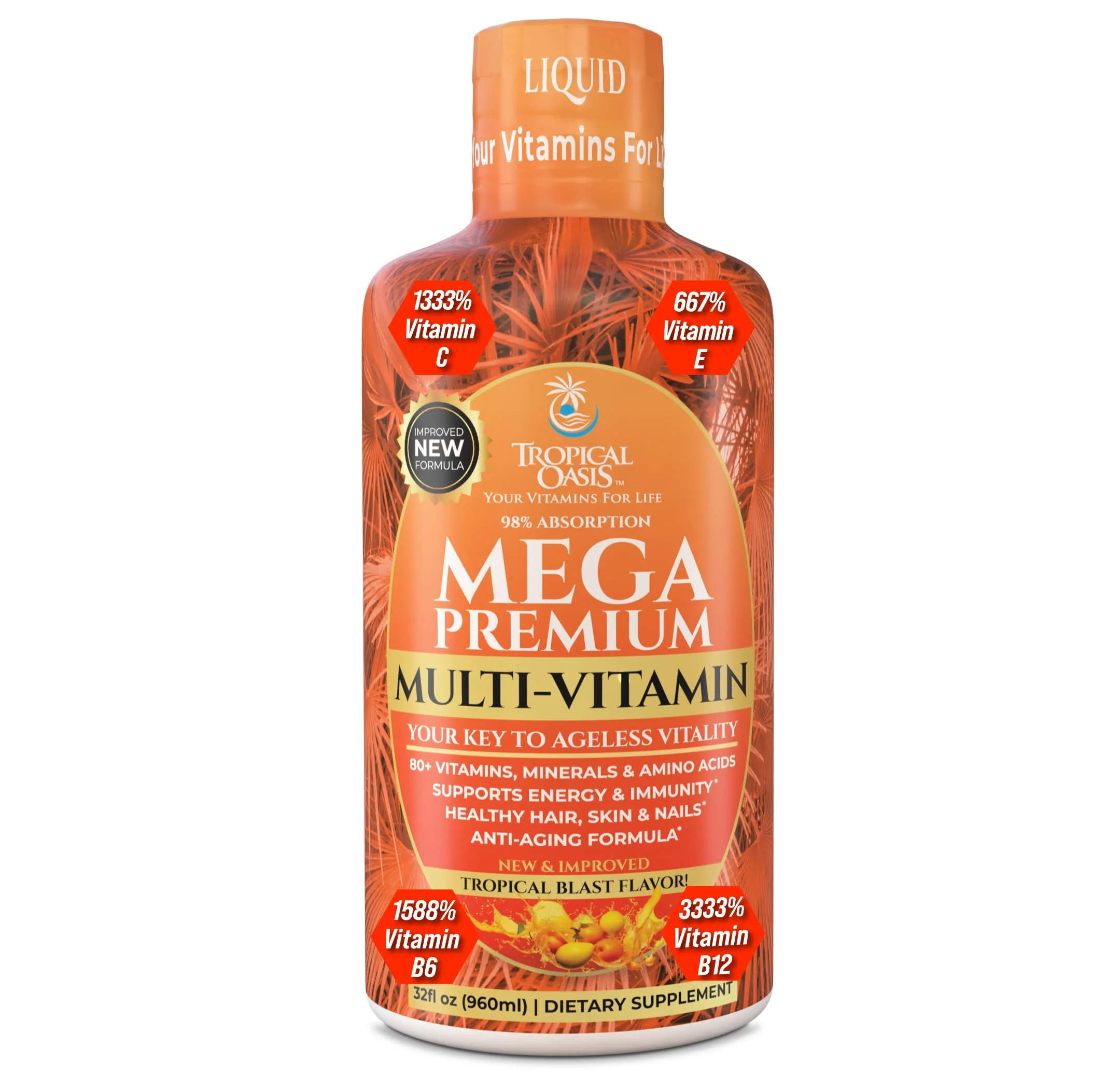 Tropical Oasis Mega Premium Liquid Multivitamin – 1333% Vitamin C, 200% Vitamin D3, Zinc | 32 Servings | Sugar Free | Orange - Image 9
