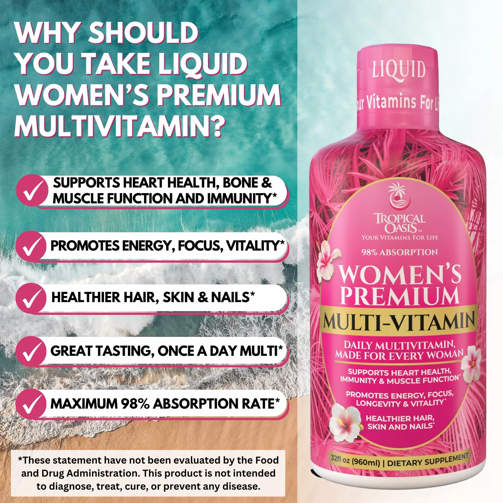 Tropical Oasis Premium Liquid Multivitamin for Women – Sugar Free, 98% Absorption, 32 Servings - Image 5