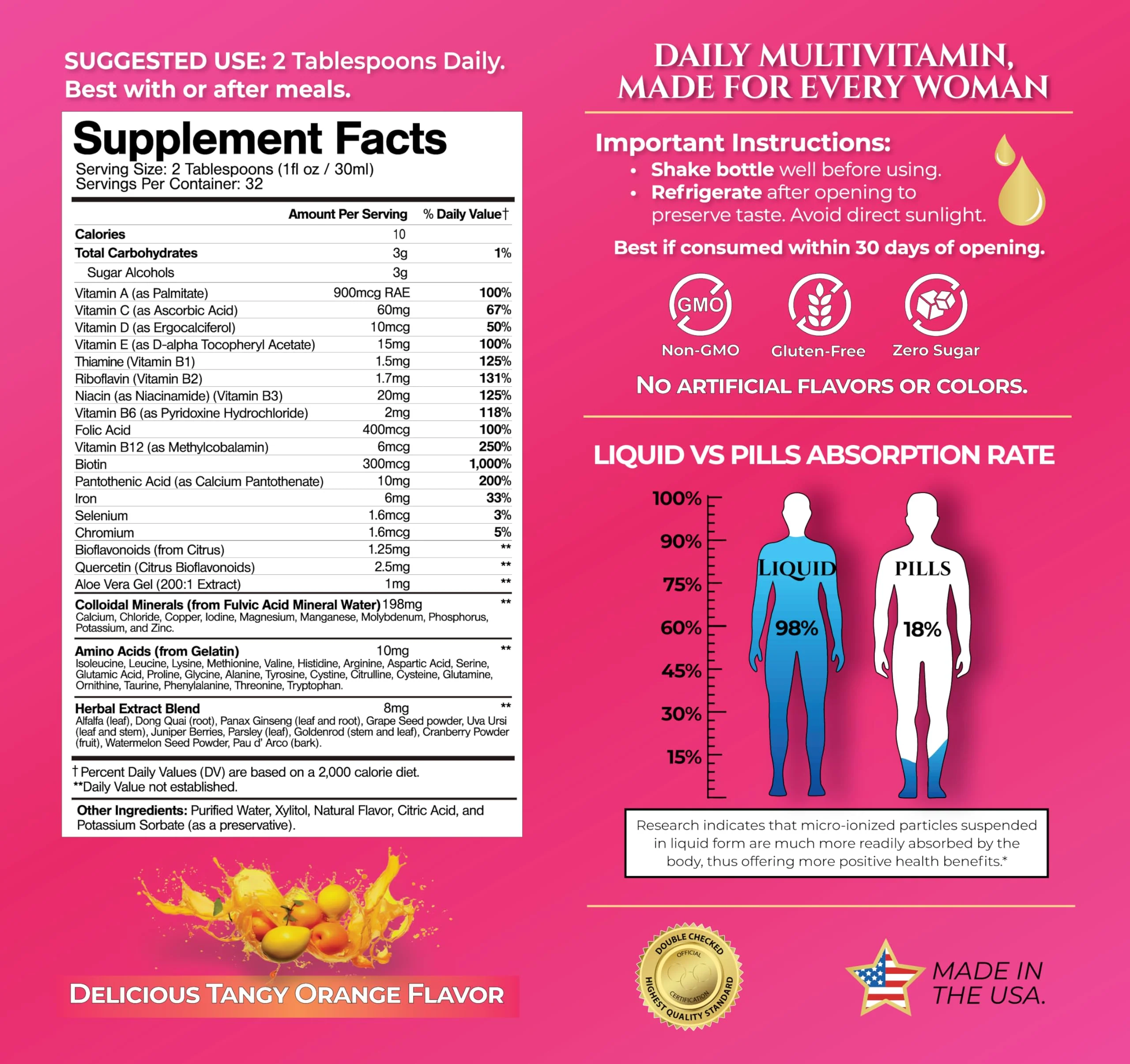 Tropical Oasis Premium Liquid Multivitamin for Women – Sugar Free, 98% Absorption, 32 Servings - Image 8