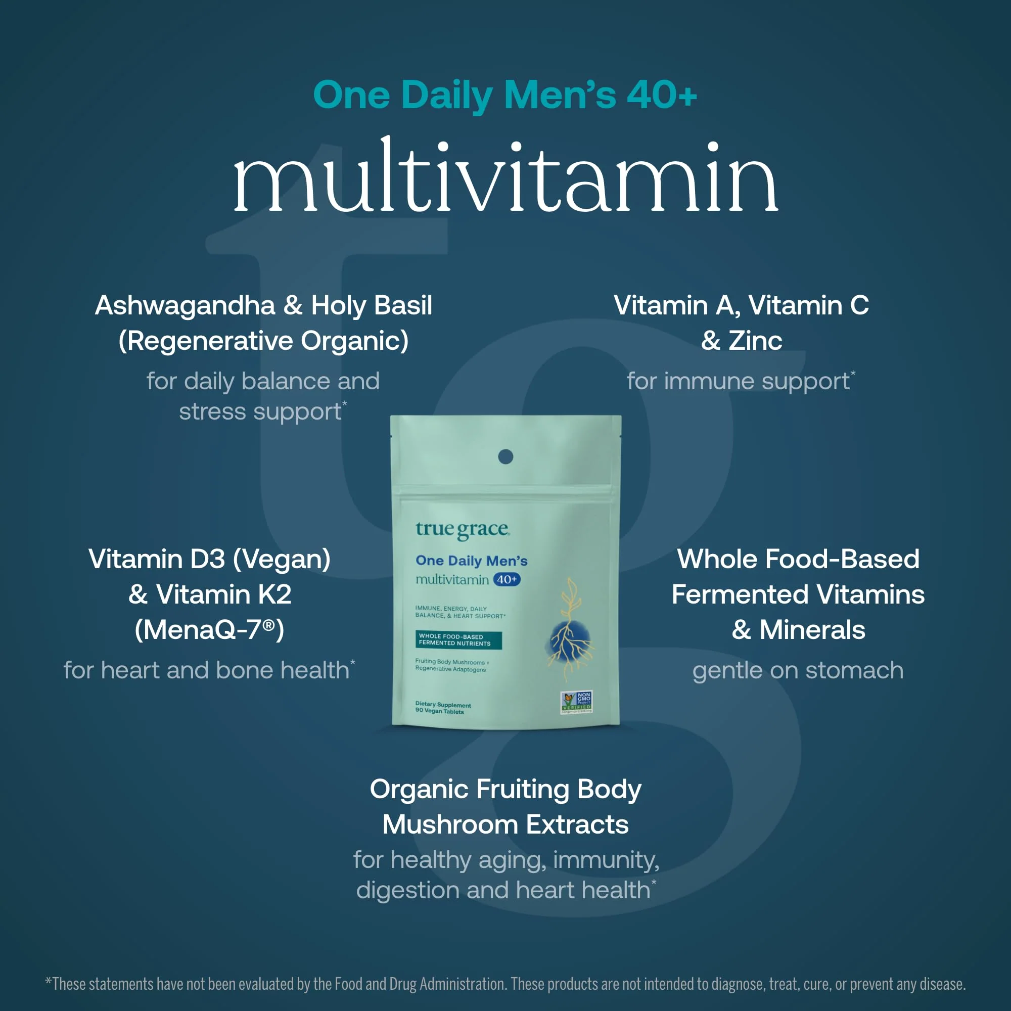 True Grace Men's 40+ One Daily Multivitamin with Fermented Minerals & Organic Adaptogens – 90 Veg Tablets - Image 4