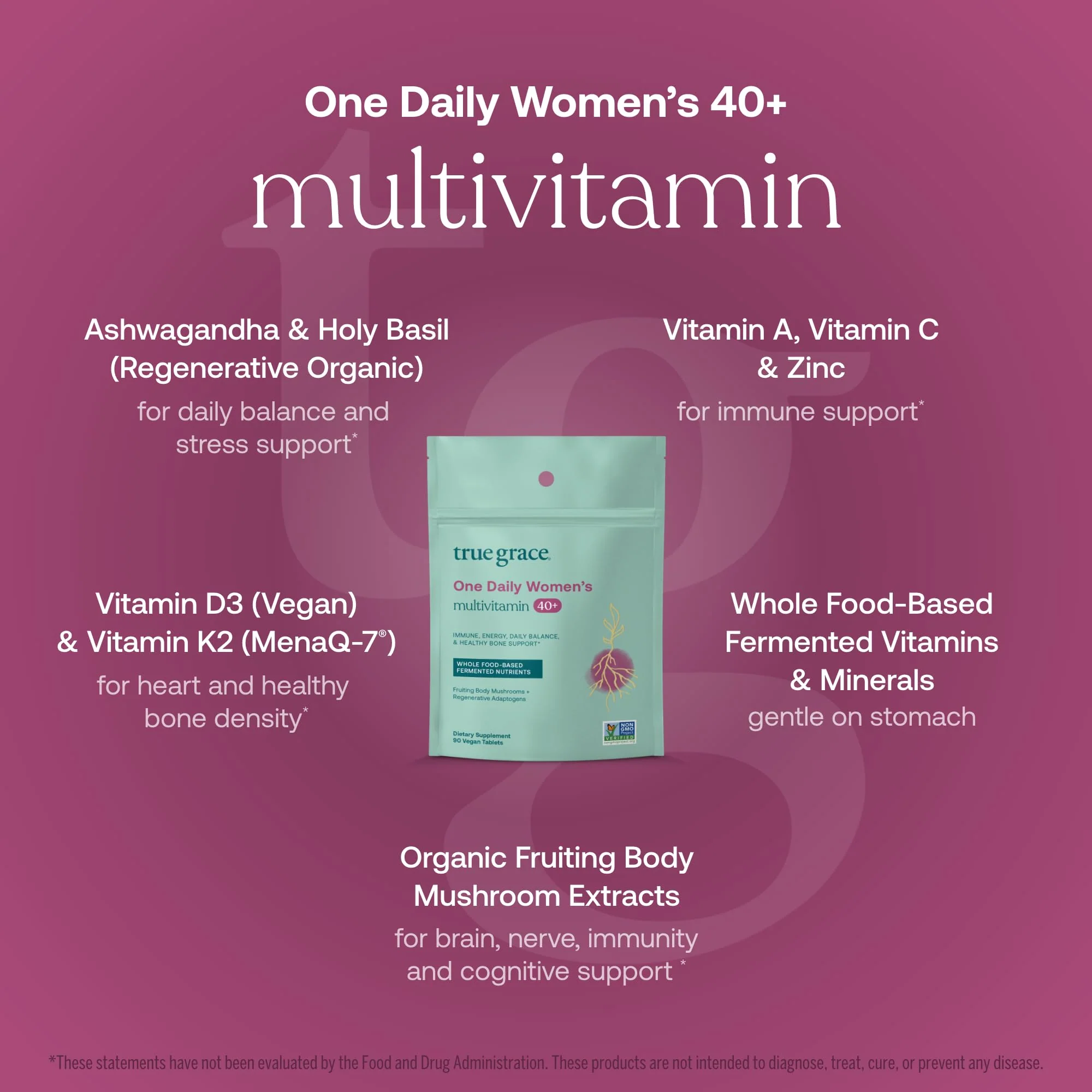 True Grace One Daily 40+ Multivitamin with Fermented Minerals, Organic Adaptogens & Mushrooms - Non-GMO, Gluten & Soy Free, 90 Vegan Tablets - Image 10