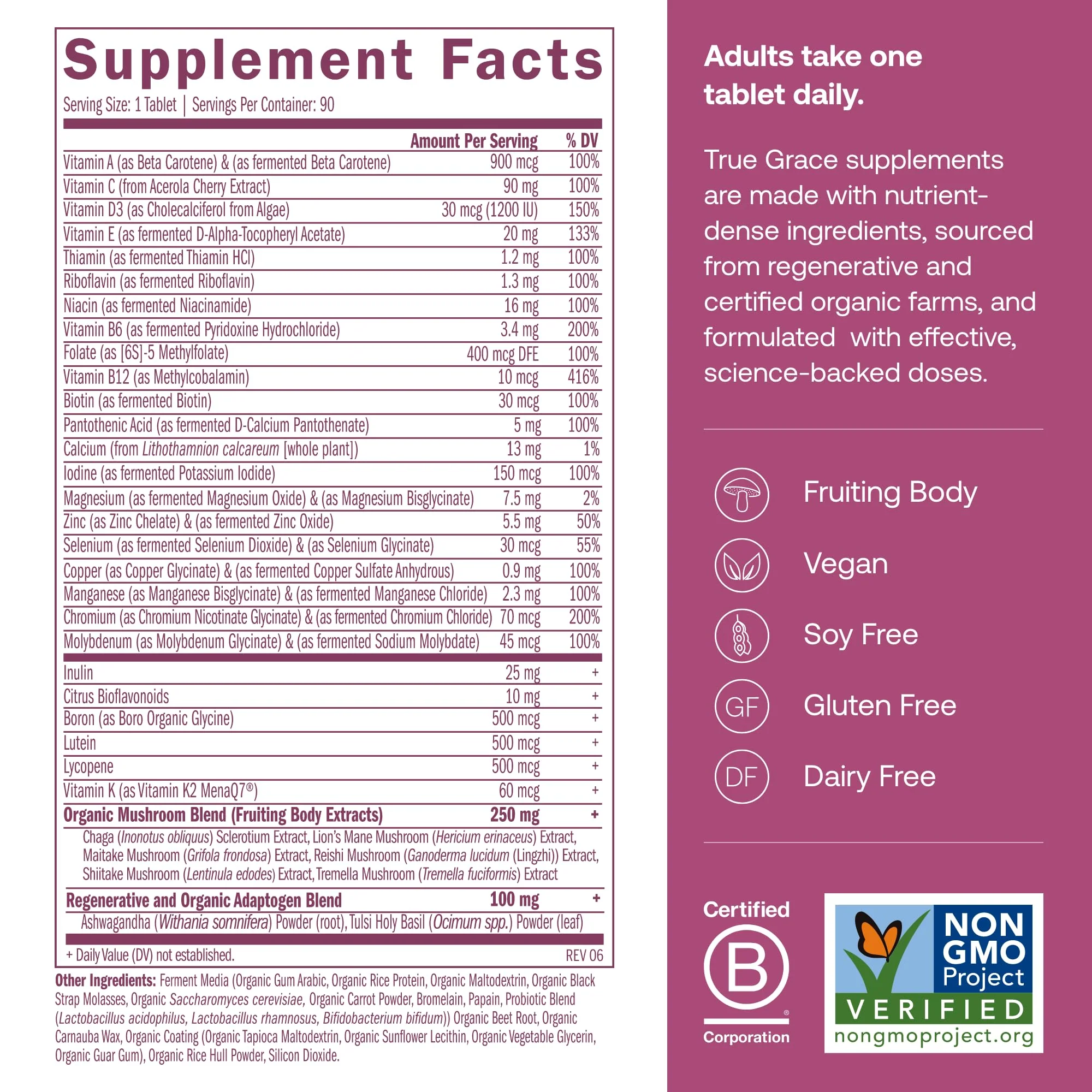 True Grace One Daily 40+ Multivitamin with Fermented Minerals, Organic Adaptogens & Mushrooms - Non-GMO, Gluten & Soy Free, 90 Vegan Tablets - Image 2