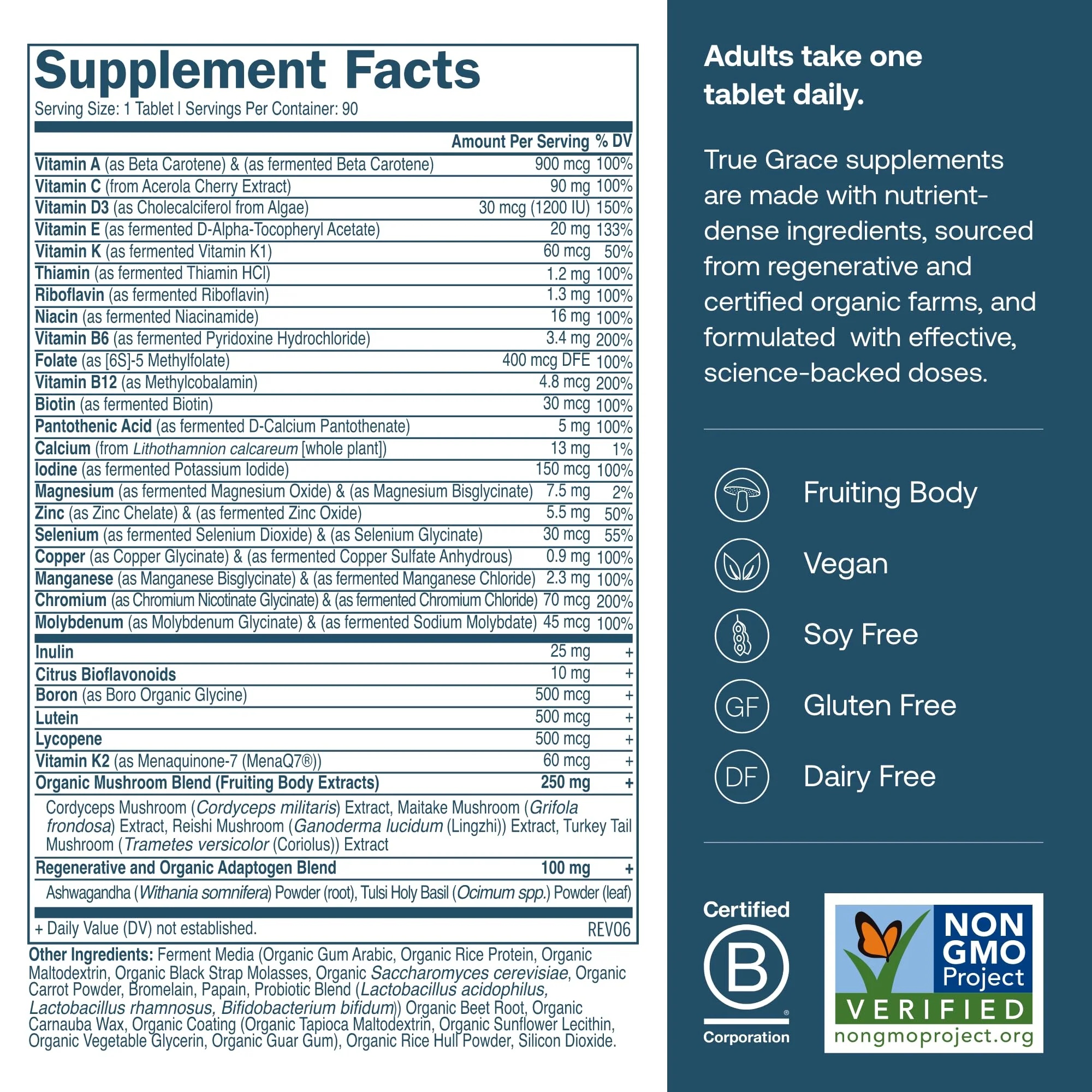 True Grace One Daily Men's Multivitamin – Fermented Minerals, Organic Mushrooms & Adaptogens (90 Vegan Tablets) - Image 3