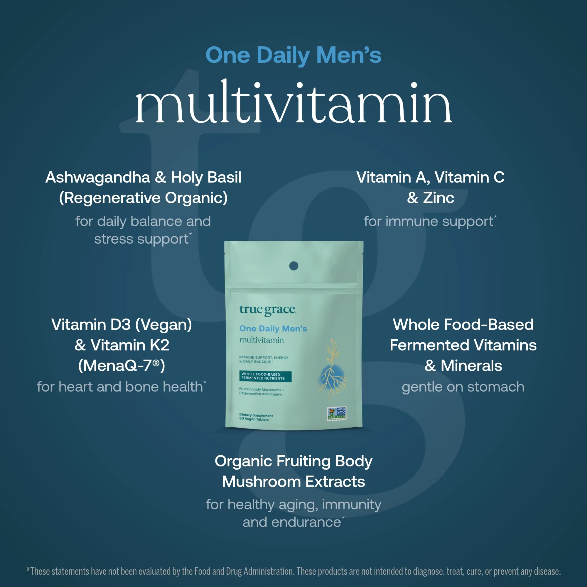 True Grace One Daily Men's Multivitamin – Fermented Minerals, Organic Mushrooms & Adaptogens (90 Vegan Tablets) - Image 4