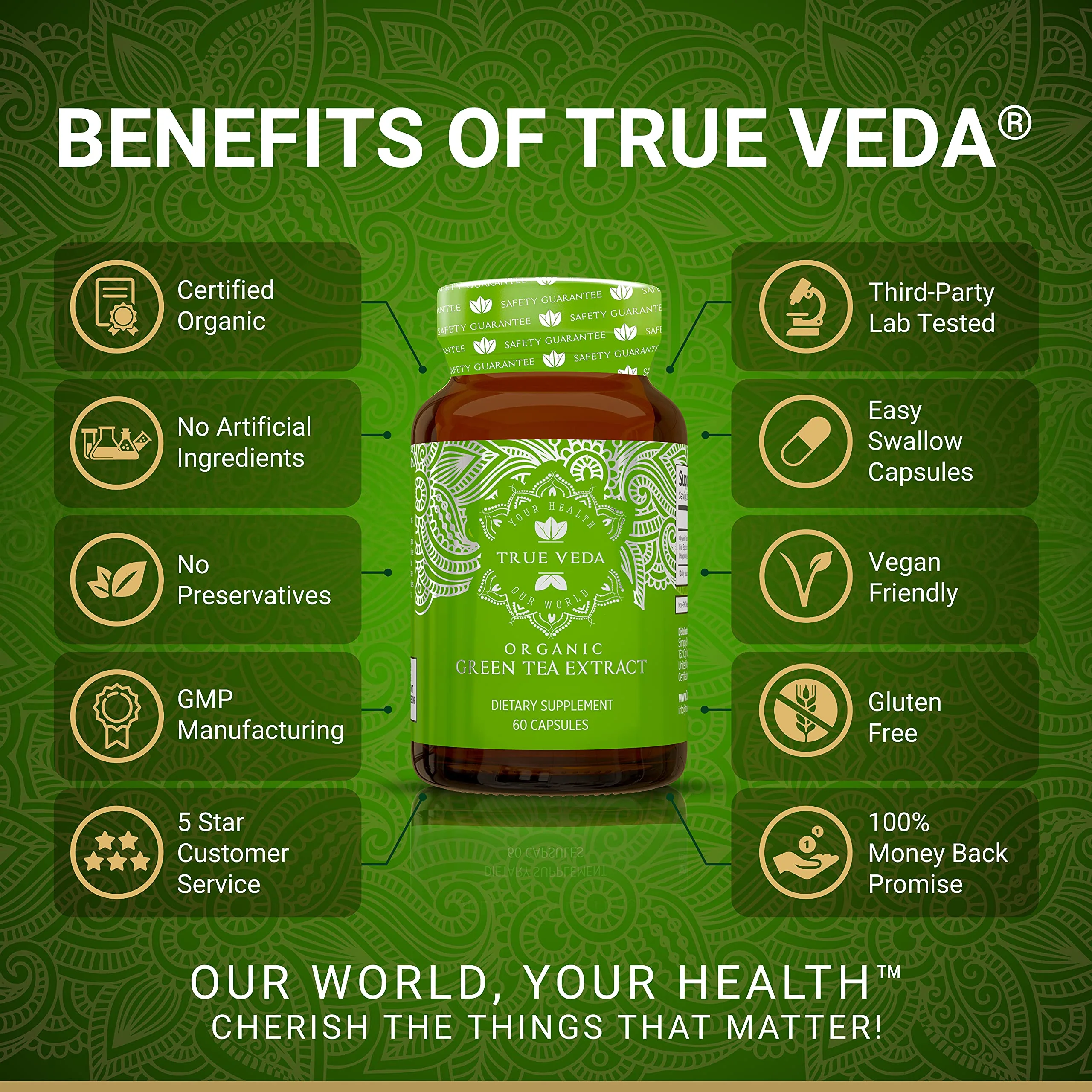True Veda USDA Organic Green Tea Extract Capsules with EGCG – 60 Vegan Capsules, Low Caffeine - Image 6