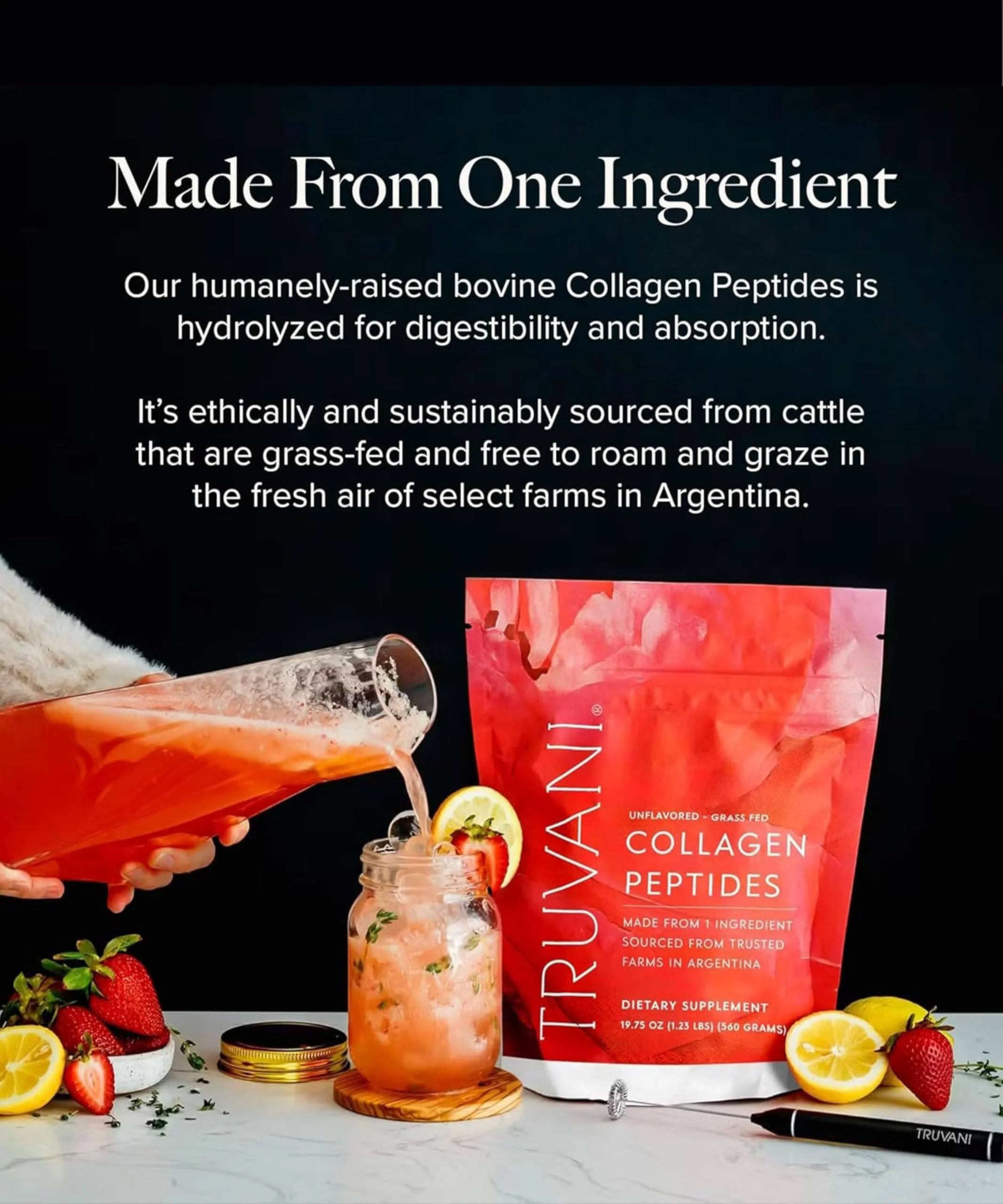 Truvani Hydrolyzed Collagen Peptides – Unflavored, 28 Servings, 20g Grass-Fed Collagen | Dairy & Gluten Free - Image 4
