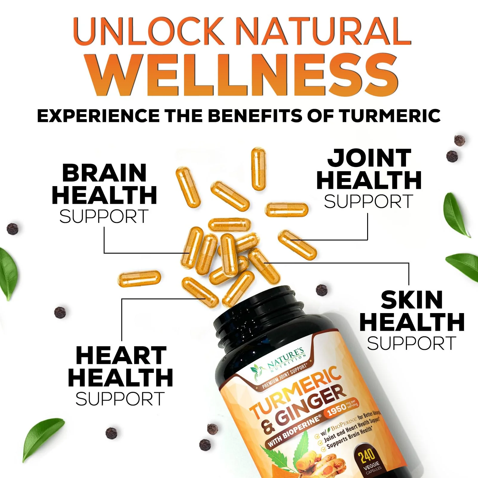 Turmeric Curcumin 1950mg – 95% Curcuminoids, Organic Turmeric & Ginger, BioPerine | 240 Capsules - Image 7