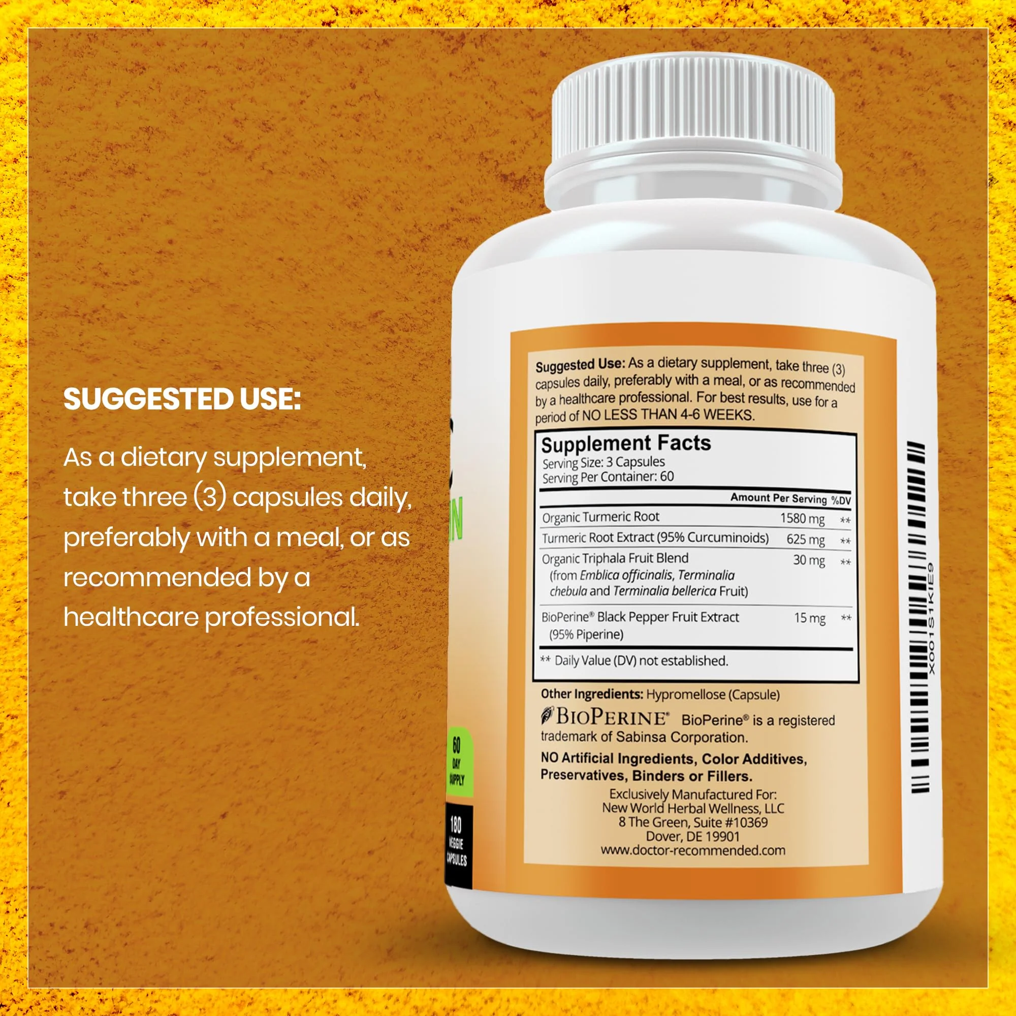 Turmeric Curcumin 2250mg/day — Bioperine Veggie Caps — 100% Organic | Pack of 3 | Doctor Recommended Supplements - Image 2