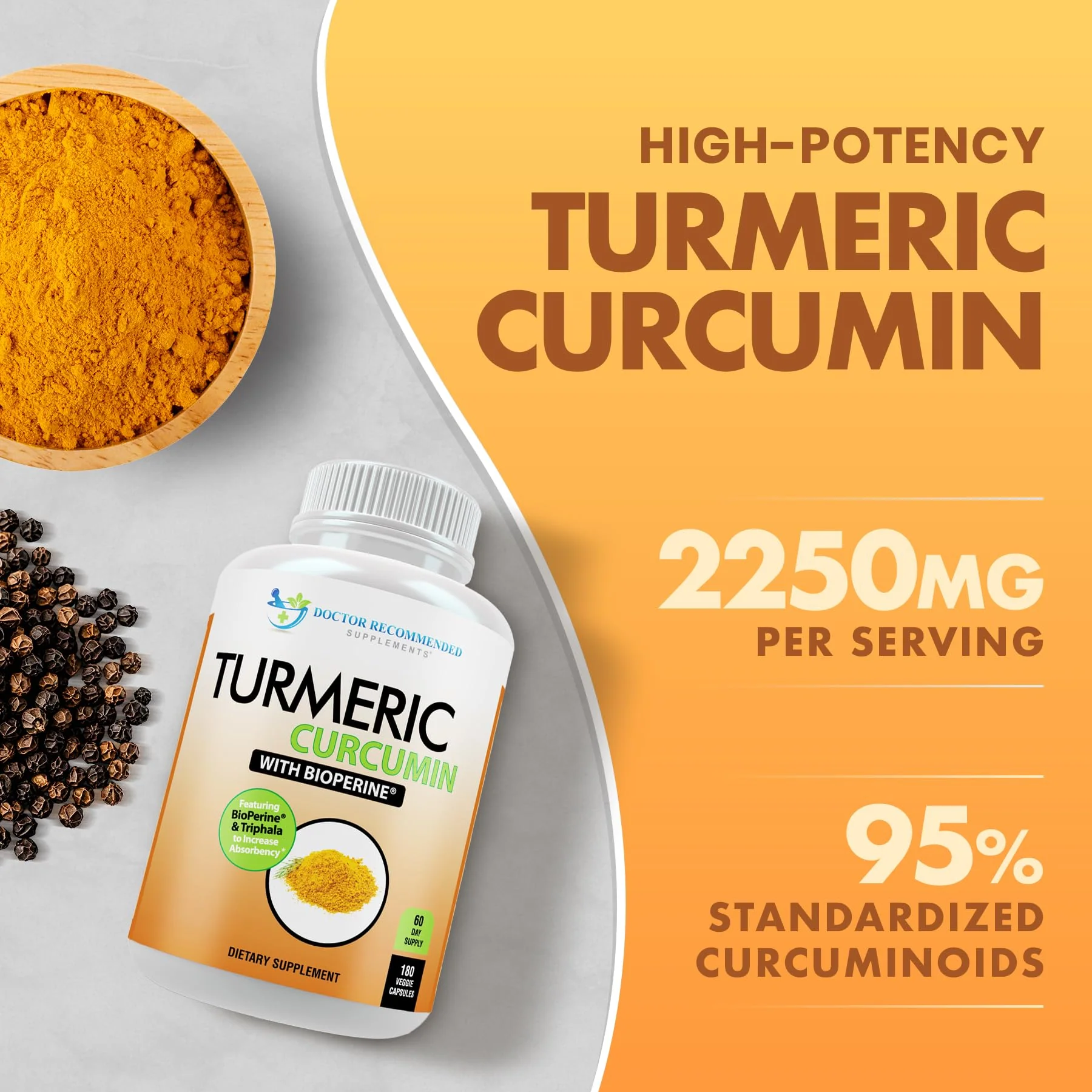 Turmeric Curcumin 2250mg/day — Bioperine Veggie Caps — 100% Organic | Pack of 3 | Doctor Recommended Supplements - Image 4
