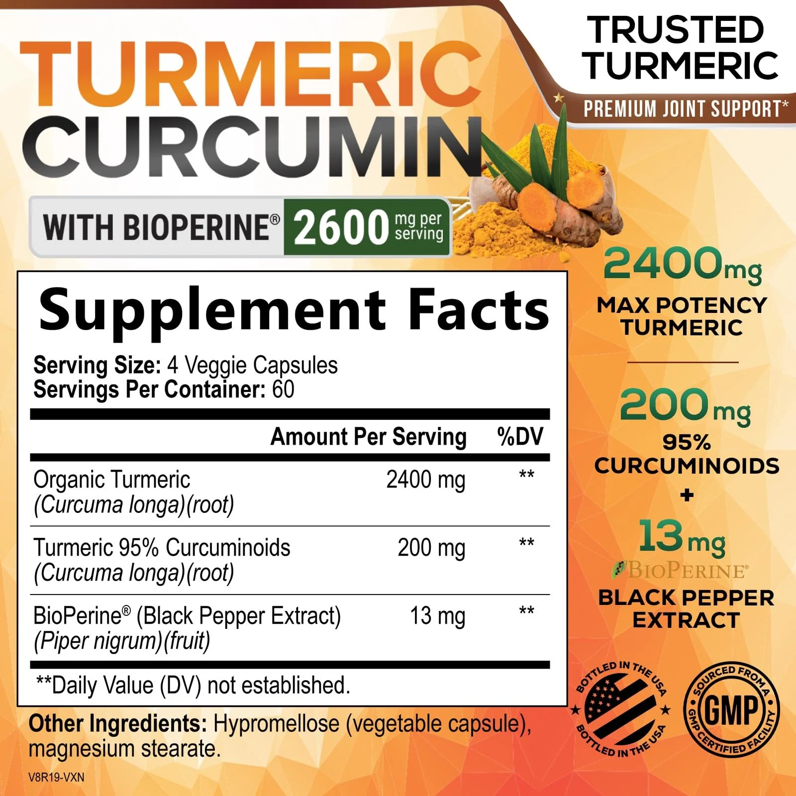 Turmeric Curcumin Supplement 2600mg – 95% Curcuminoids, BioPerine & Organic Turmeric – 240 Capsules | Made in USA - Image 2
