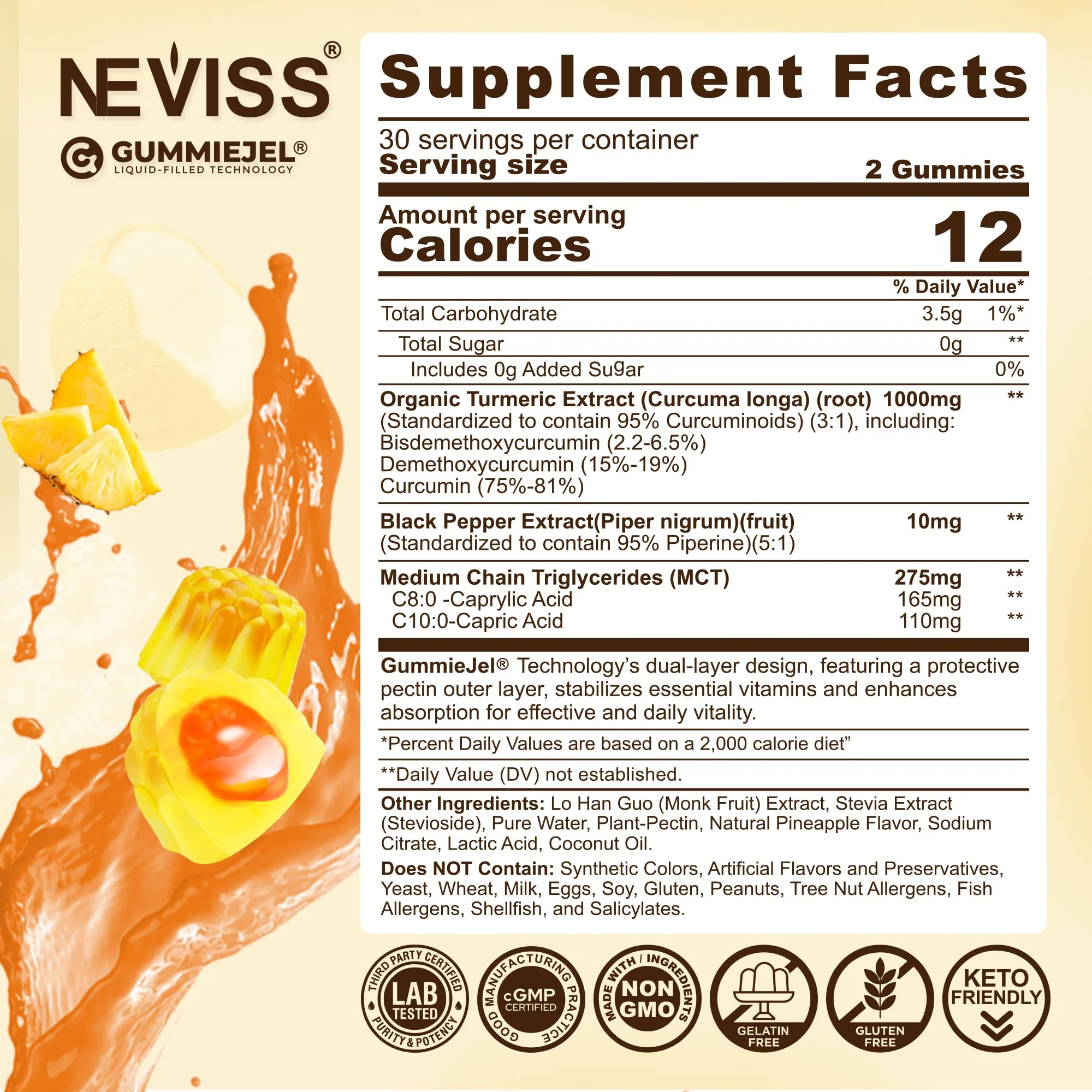 Turmeric Gummies 1000mg with MCT Oil C8/C10 – Curcumin + Black Pepper, Sugar Free, 60 Gummies - Image 2