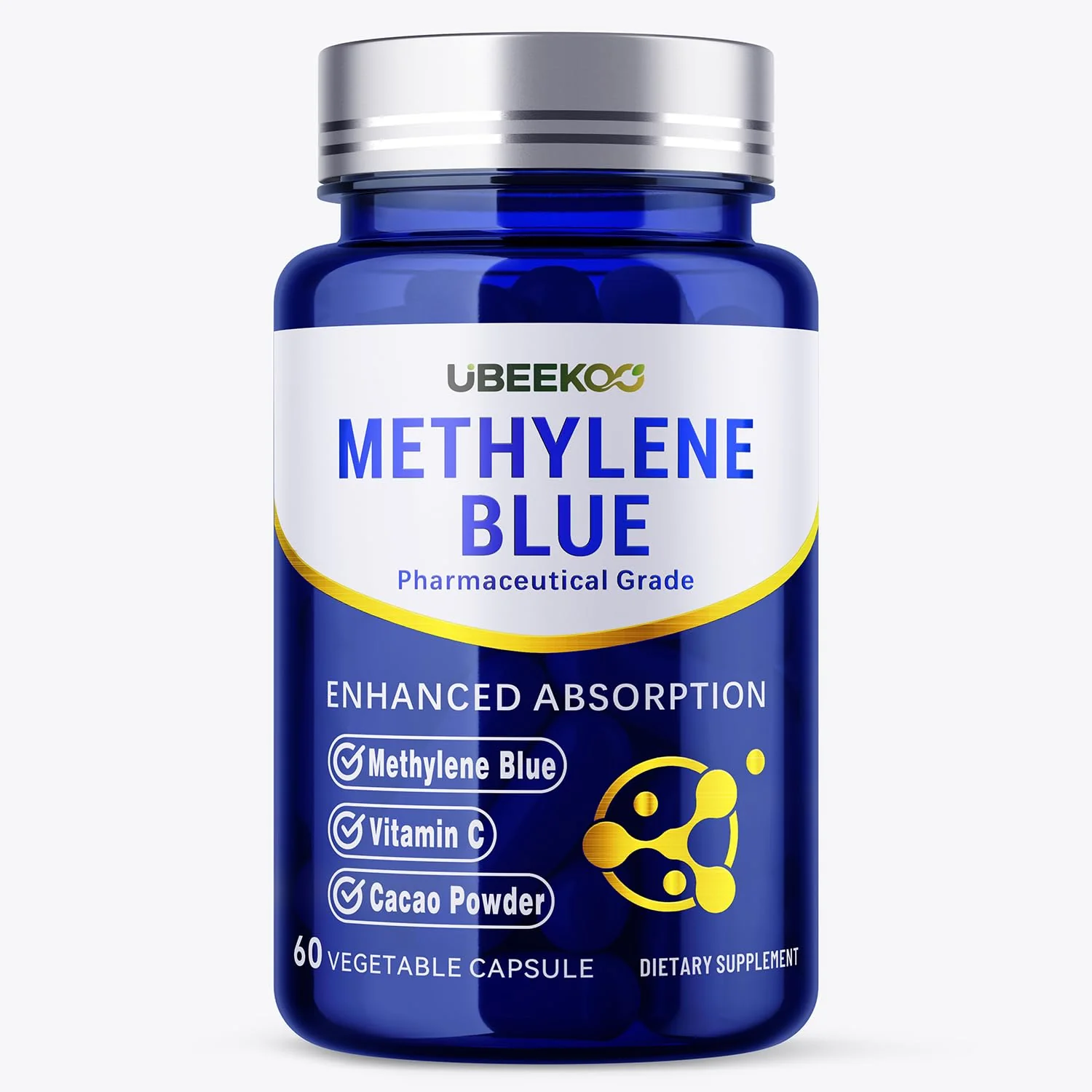 UBEEKOO 30mg Methylene Blue Capsules – Vitamin C & Organic Cacao, 60 Vegan