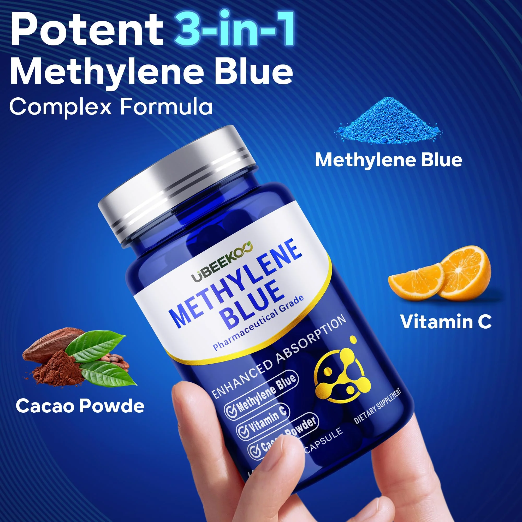 UBEEKOO 30mg Methylene Blue Capsules – Vitamin C & Organic Cacao, 60 Vegan - Image 4