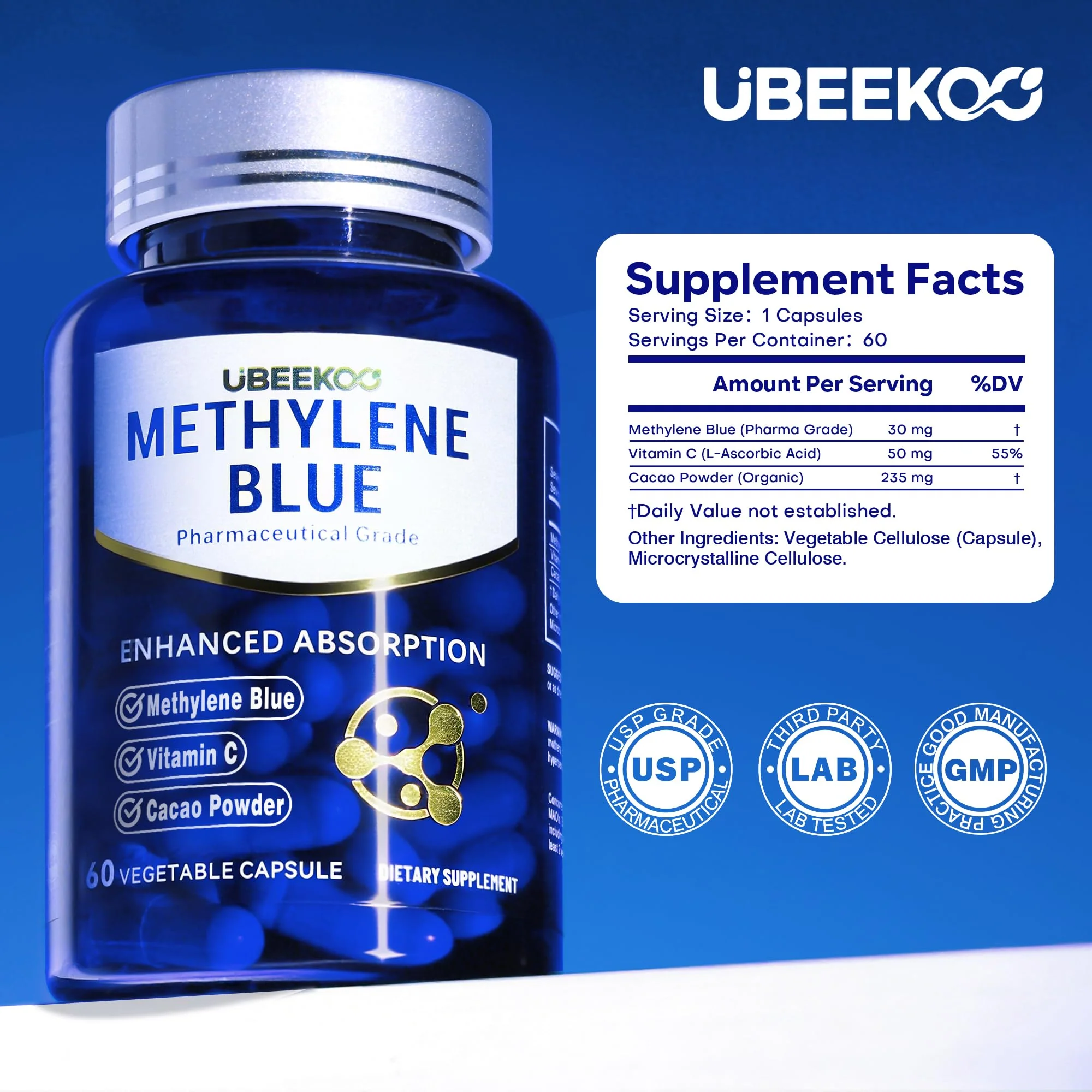 UBEEKOO 30mg Methylene Blue Capsules – Vitamin C & Organic Cacao, 60 Vegan - Image 7