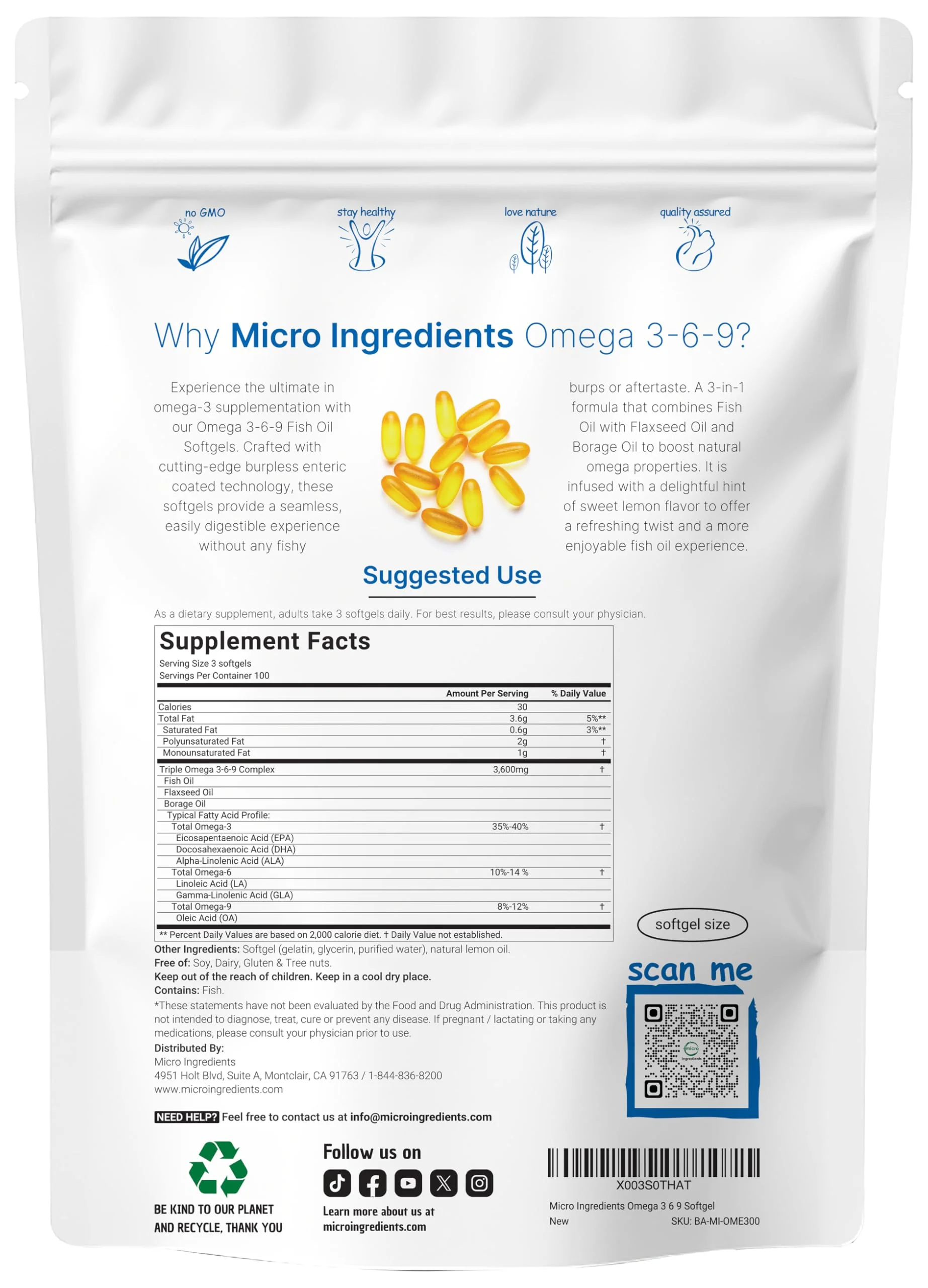 Ultra Omega 3-6-9 3600mg - 300 Burpless Softgels, Lemon | Non-GMO - Image 2