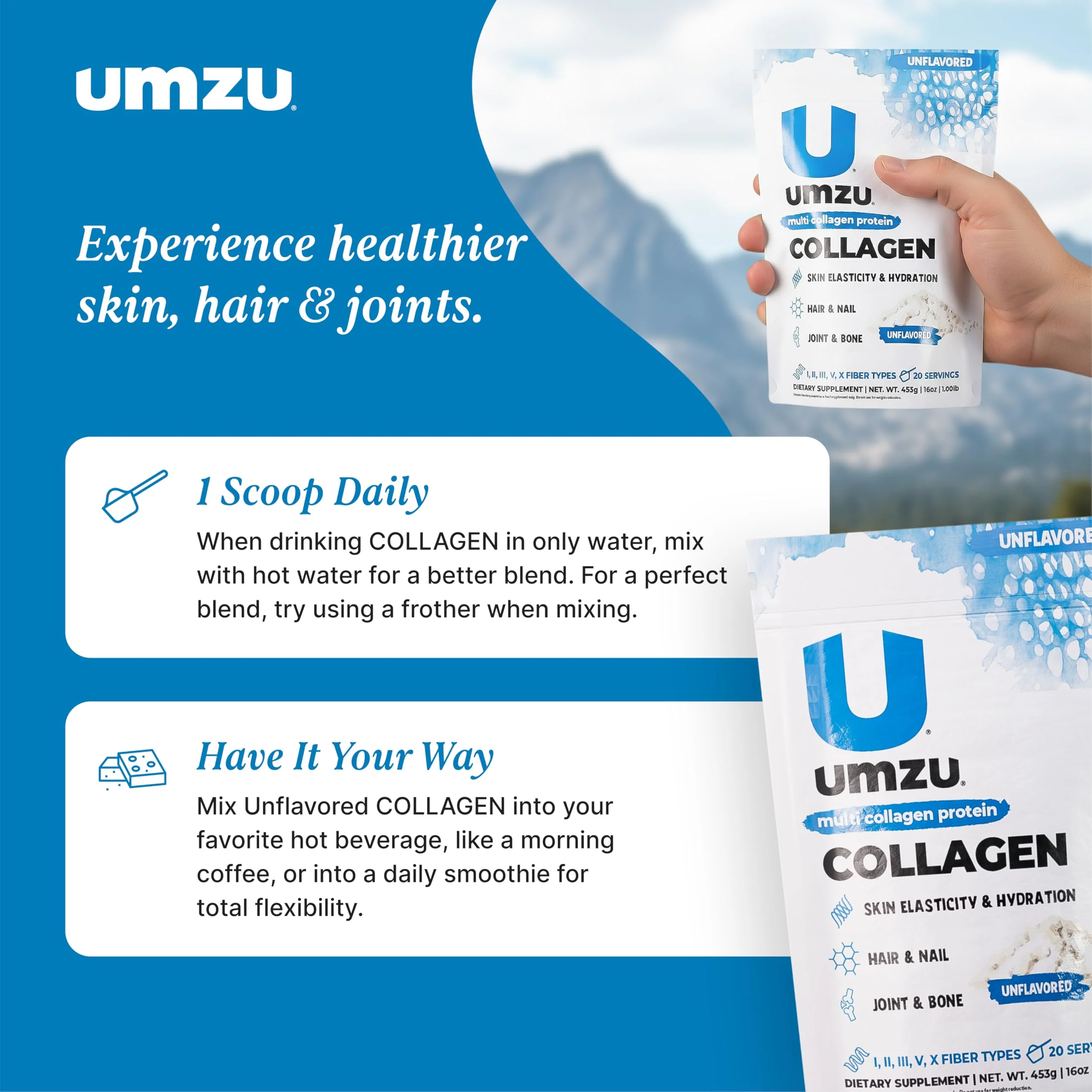 UMZU zuCollagen Multi Collagen Protein Powder – Unflavored | 20g Protein, Low Calorie, 5 Types I-X - Image 3