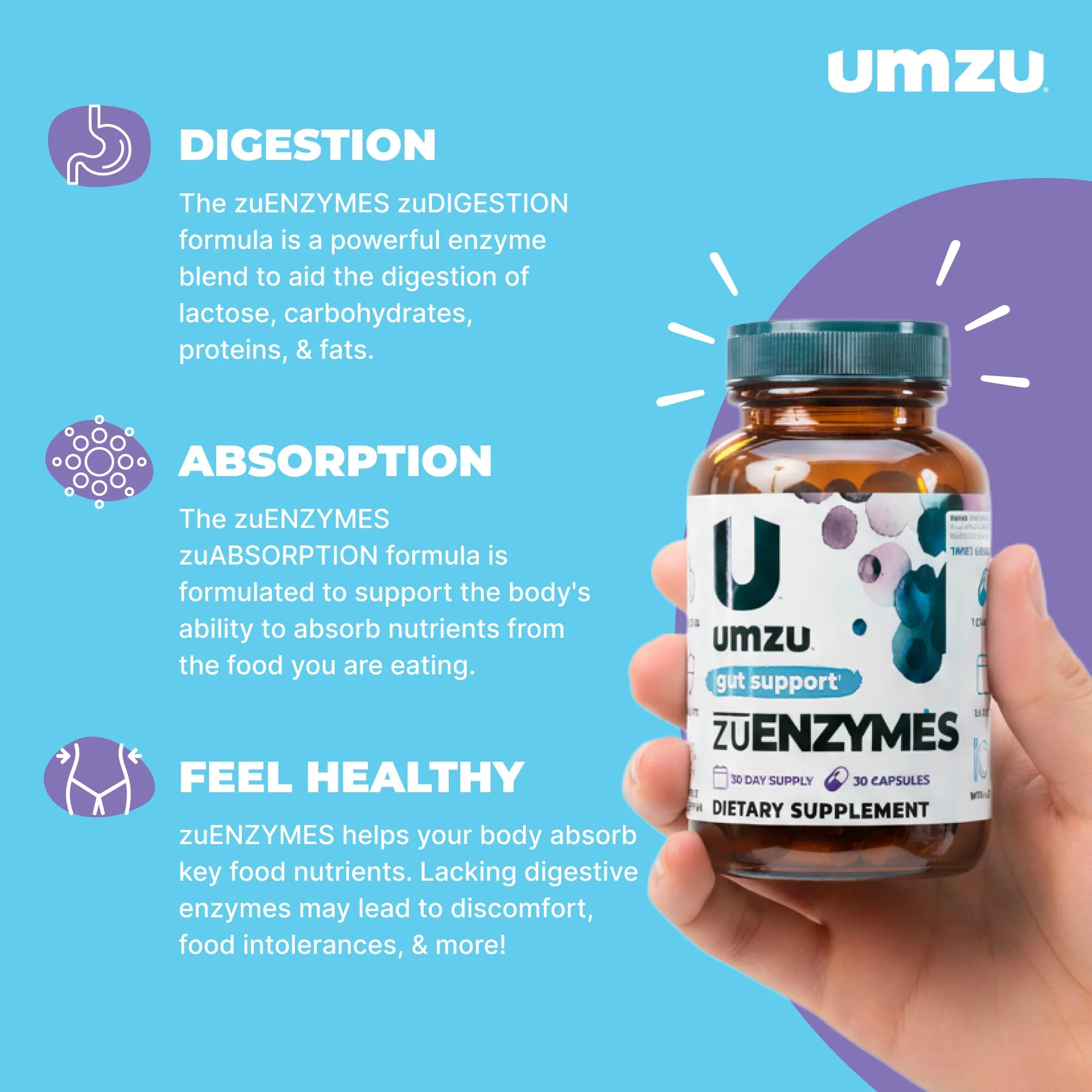 UMZU ZuEnzymes Digestive Enzymes Supplement — 21 Enzymes for Gut Health, Digestion & Nutrient Absorption (30 Day Supply, 30 Capsules) - Image 2