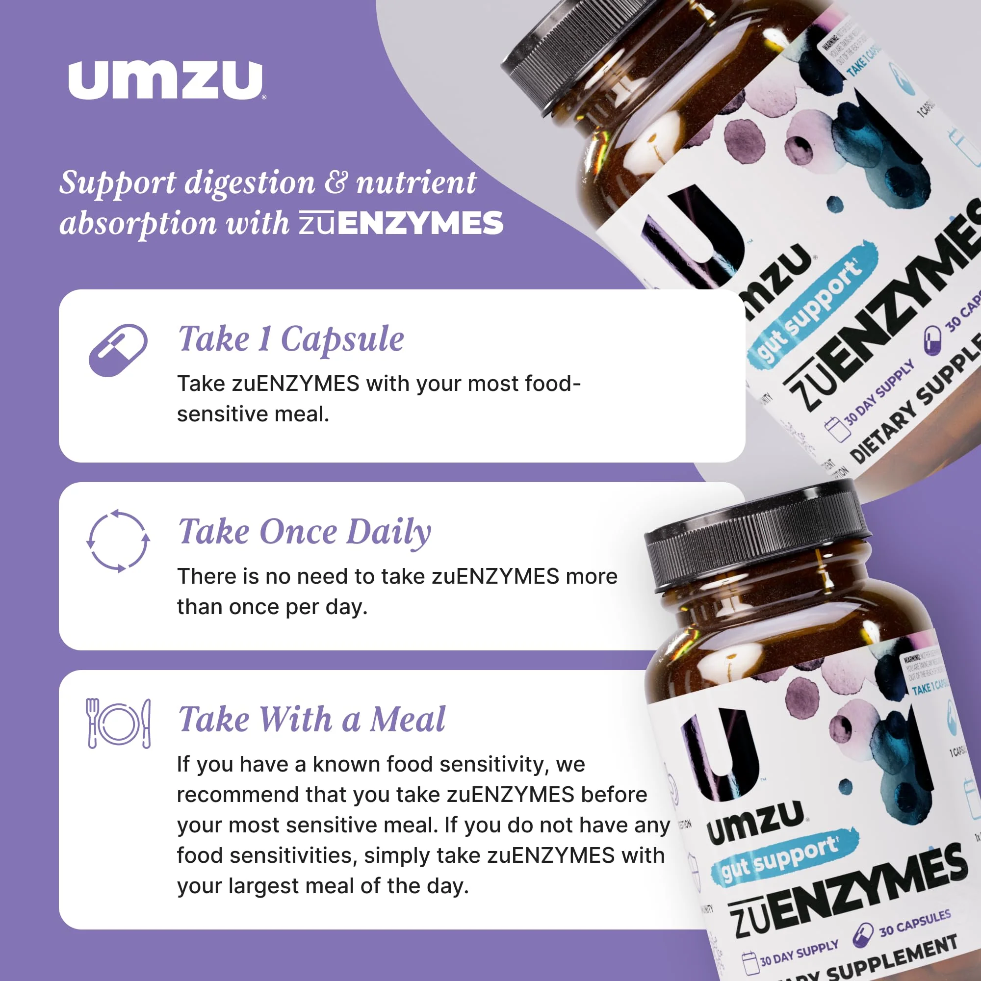 UMZU ZuEnzymes Digestive Enzymes Supplement — 21 Enzymes for Gut Health, Digestion & Nutrient Absorption (30 Day Supply, 30 Capsules) - Image 5