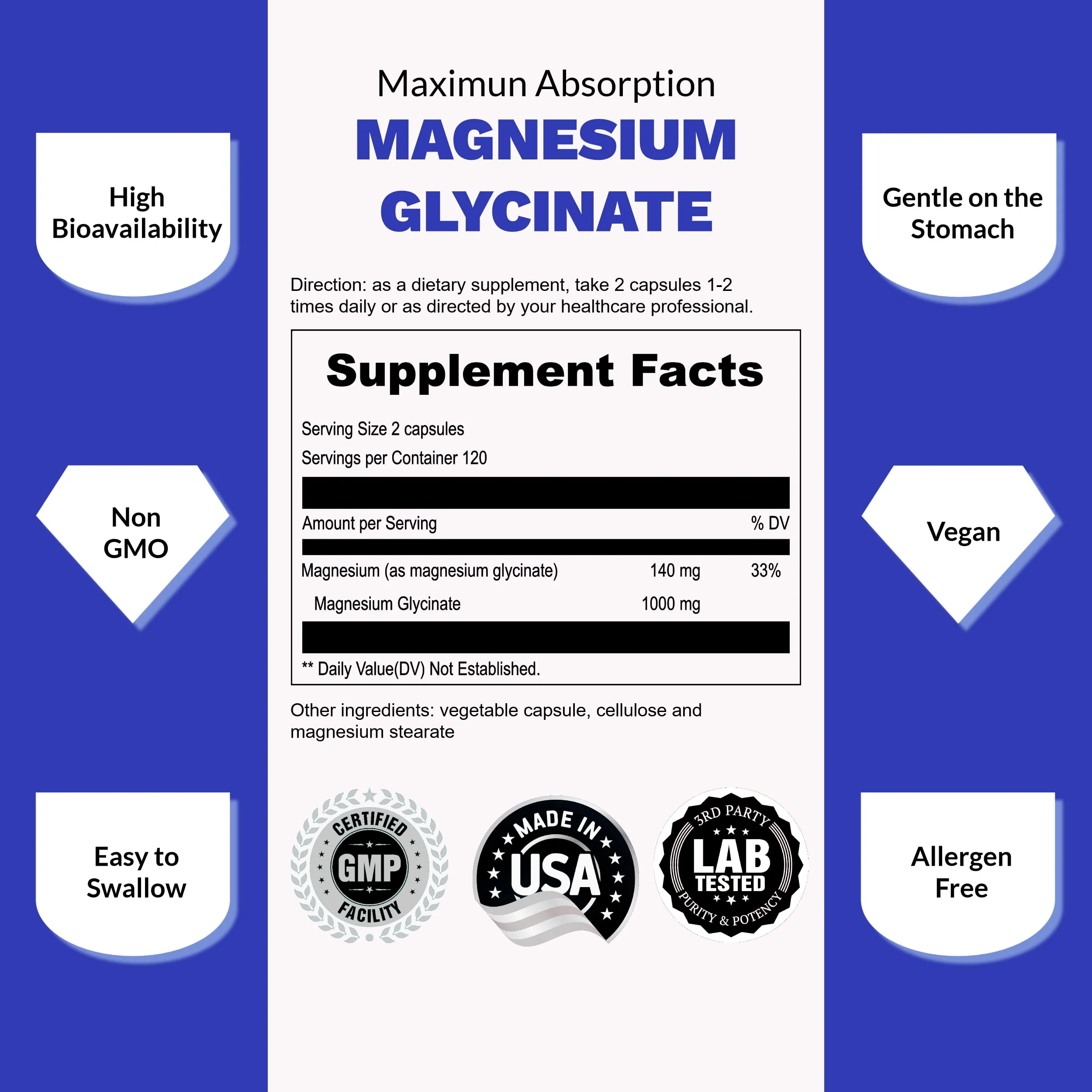 UpNourish Chelated Magnesium Glycinate 500mg – High-Absorption Magnesium for Calm, Leg Cramps & Muscle Relaxation | 960 Capsules (Two Bottles) - Image 6