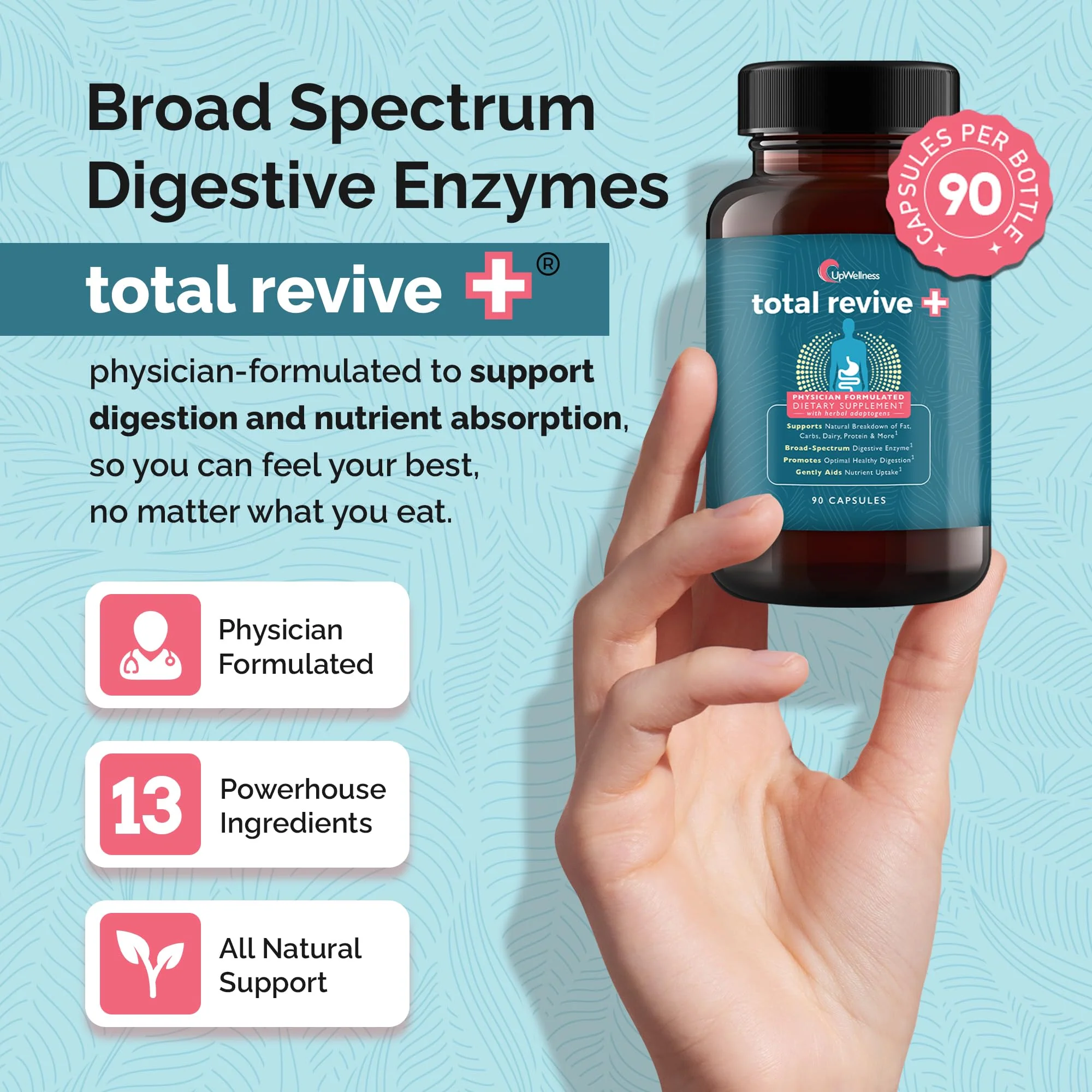 UpWellness Total Revive+ Digestive Enzymes | Broad-Spectrum Digestive Health | 90 Capsules - Image 4