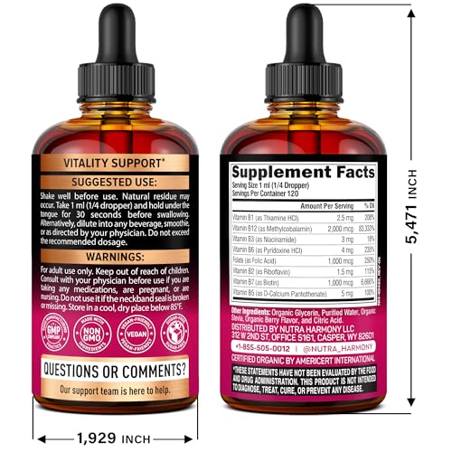 USDA Organic Vitamin B-Complex B5 Pantothenic Acid | B12 Methylcobalamin | B1 Thiamine | B6 Pyridoxine | B7 Biotin | B9 Folic | B3 Niacinamide - B Complex Liquid Drops, Made in USA Supplement, 4fl oz - Image 2
