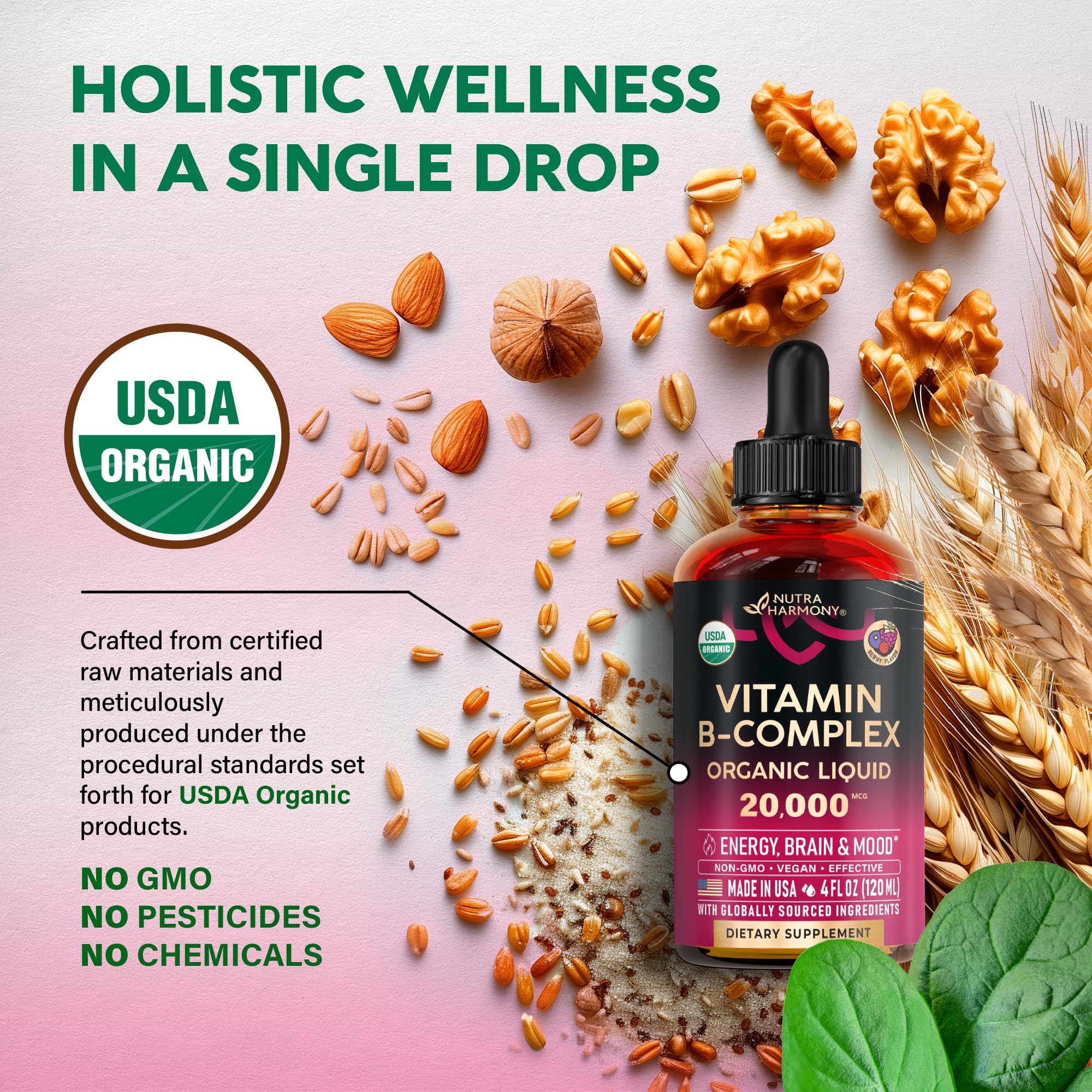 USDA Organic Vitamin B-Complex B5 Pantothenic Acid | B12 Methylcobalamin | B1 Thiamine | B6 Pyridoxine | B7 Biotin | B9 Folic | B3 Niacinamide - B Complex Liquid Drops, Made in USA Supplement, 4fl oz - Image 4