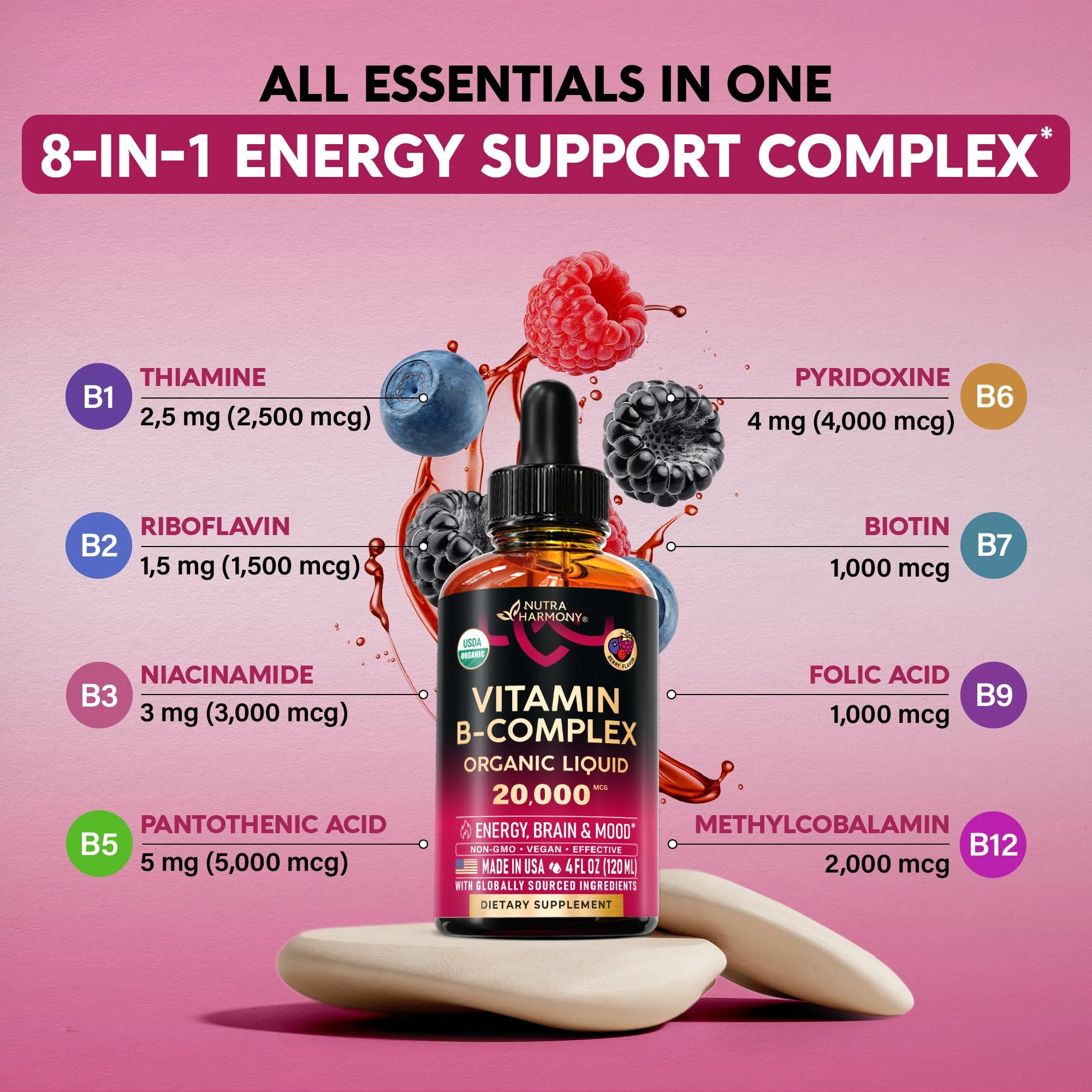 USDA Organic Vitamin B-Complex B5 Pantothenic Acid | B12 Methylcobalamin | B1 Thiamine | B6 Pyridoxine | B7 Biotin | B9 Folic | B3 Niacinamide - B Complex Liquid Drops, Made in USA Supplement, 4fl oz - Image 5