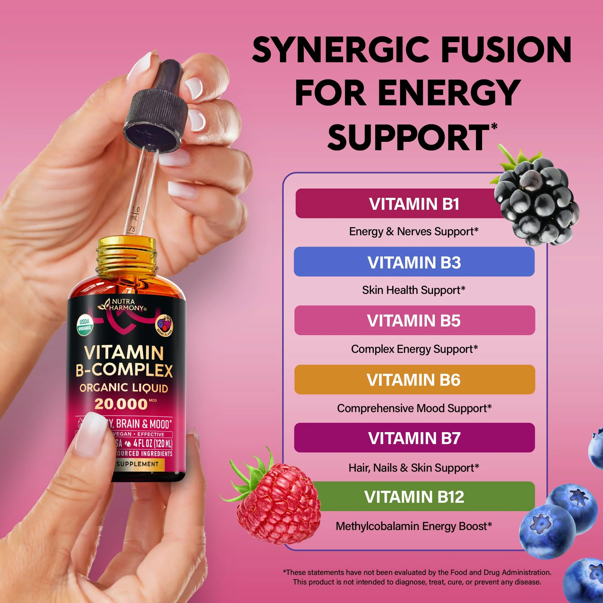 USDA Organic Vitamin B-Complex B5 Pantothenic Acid | B12 Methylcobalamin | B1 Thiamine | B6 Pyridoxine | B7 Biotin | B9 Folic | B3 Niacinamide - B Complex Liquid Drops, Made in USA Supplement, 4fl oz - Image 6