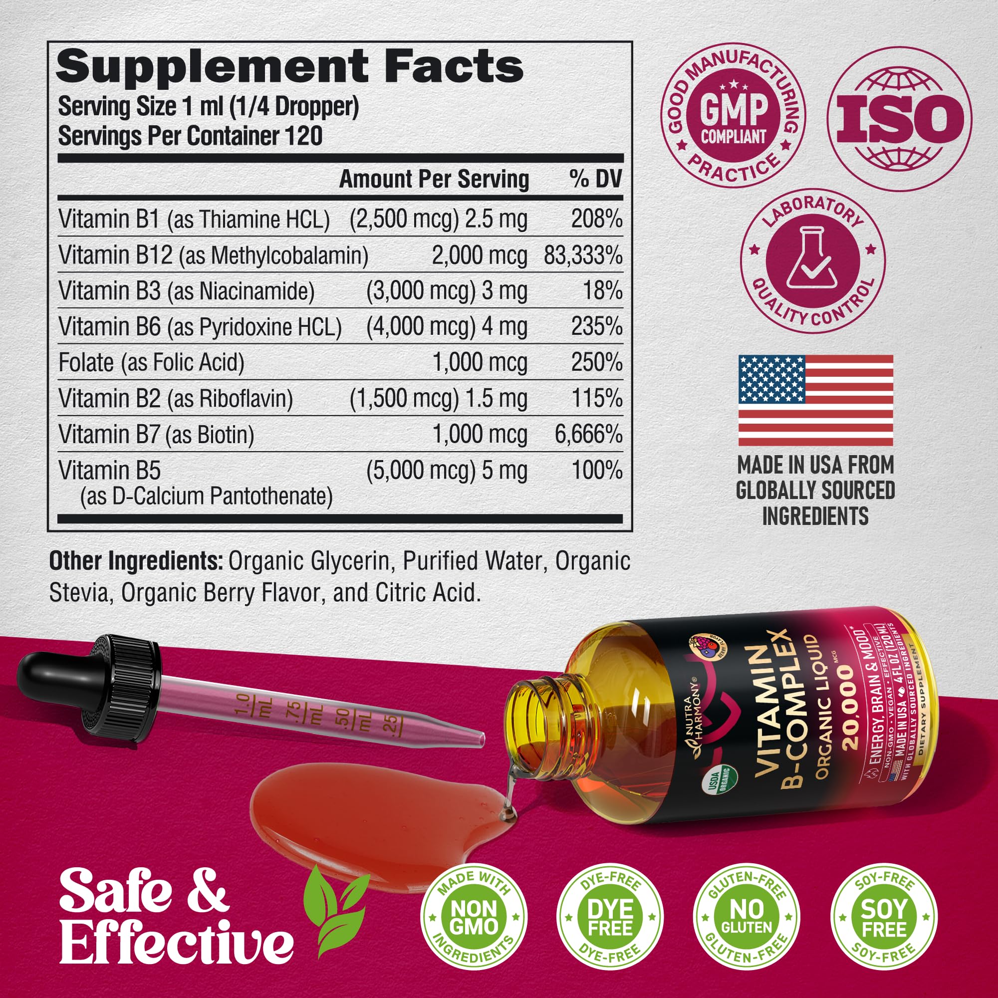 USDA Organic Vitamin B-Complex B5 Pantothenic Acid | B12 Methylcobalamin | B1 Thiamine | B6 Pyridoxine | B7 Biotin | B9 Folic | B3 Niacinamide - B Complex Liquid Drops, Made in USA Supplement, 4fl oz - Image 8