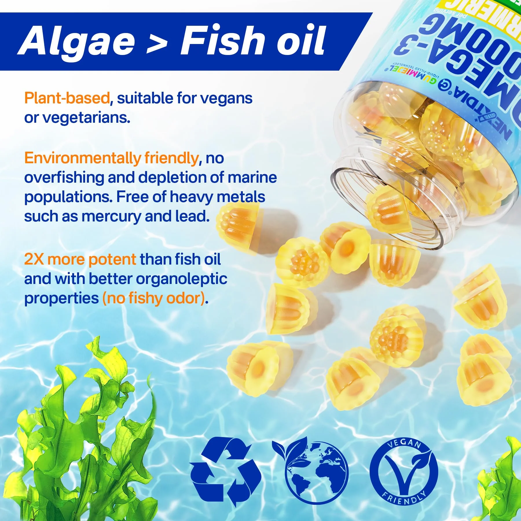 Vegan Omega-3 Gummies 1000mg + Turmeric | Algae DHA 600mg & EPA 300mg | Sugar Free, 60 Count - Image 6