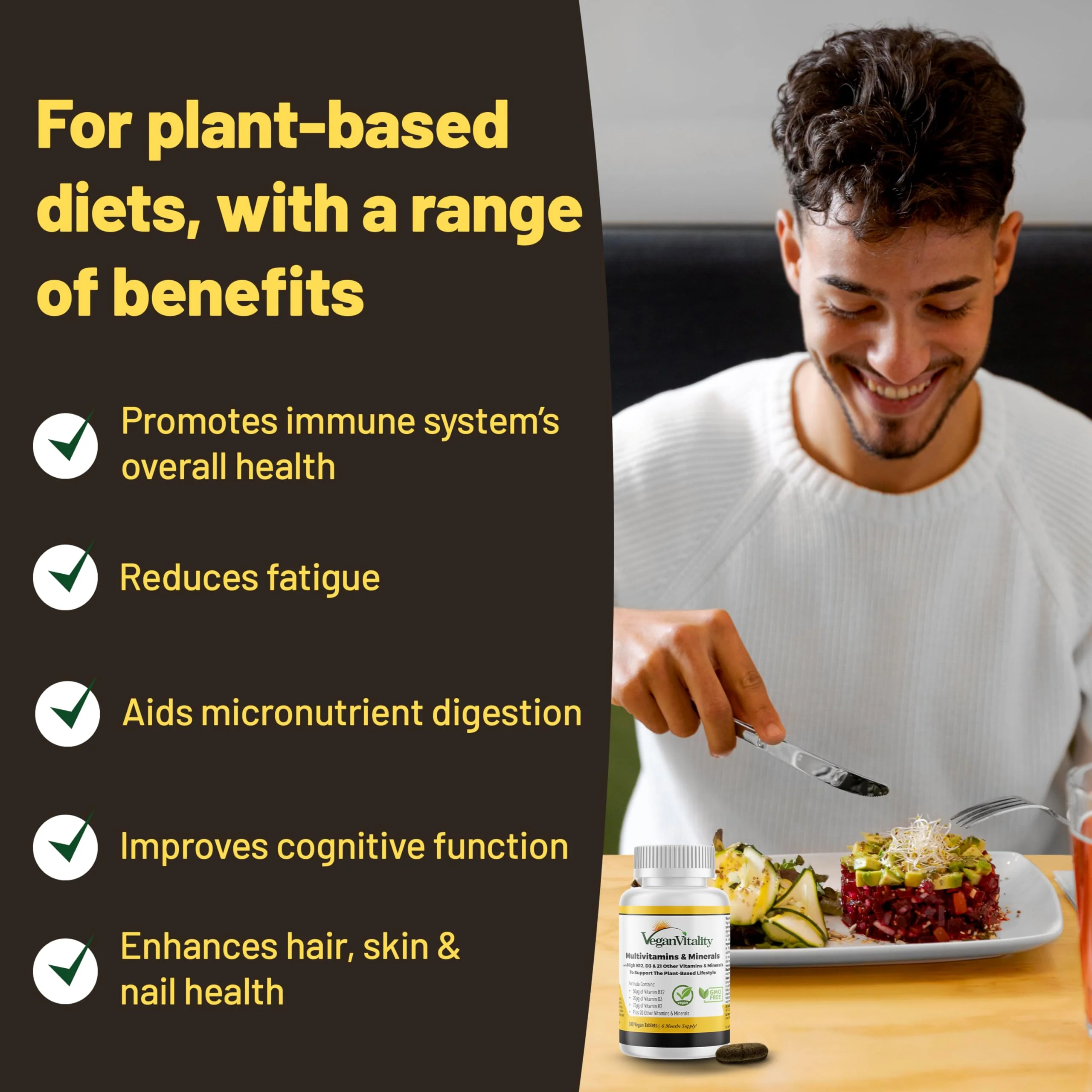 Vegan Vitality Multivitamins for Women & Men | High-Strength B12 D3 K2 | 180 Tablets (6 Months) - Image 2