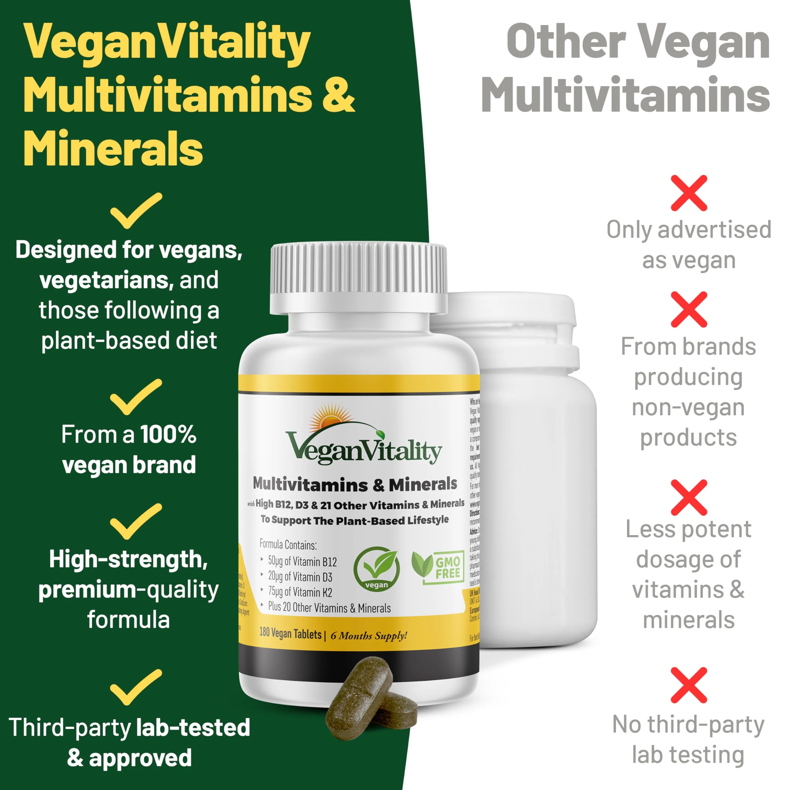 Vegan Vitality Multivitamins for Women & Men | High-Strength B12 D3 K2 | 180 Tablets (6 Months) - Image 3