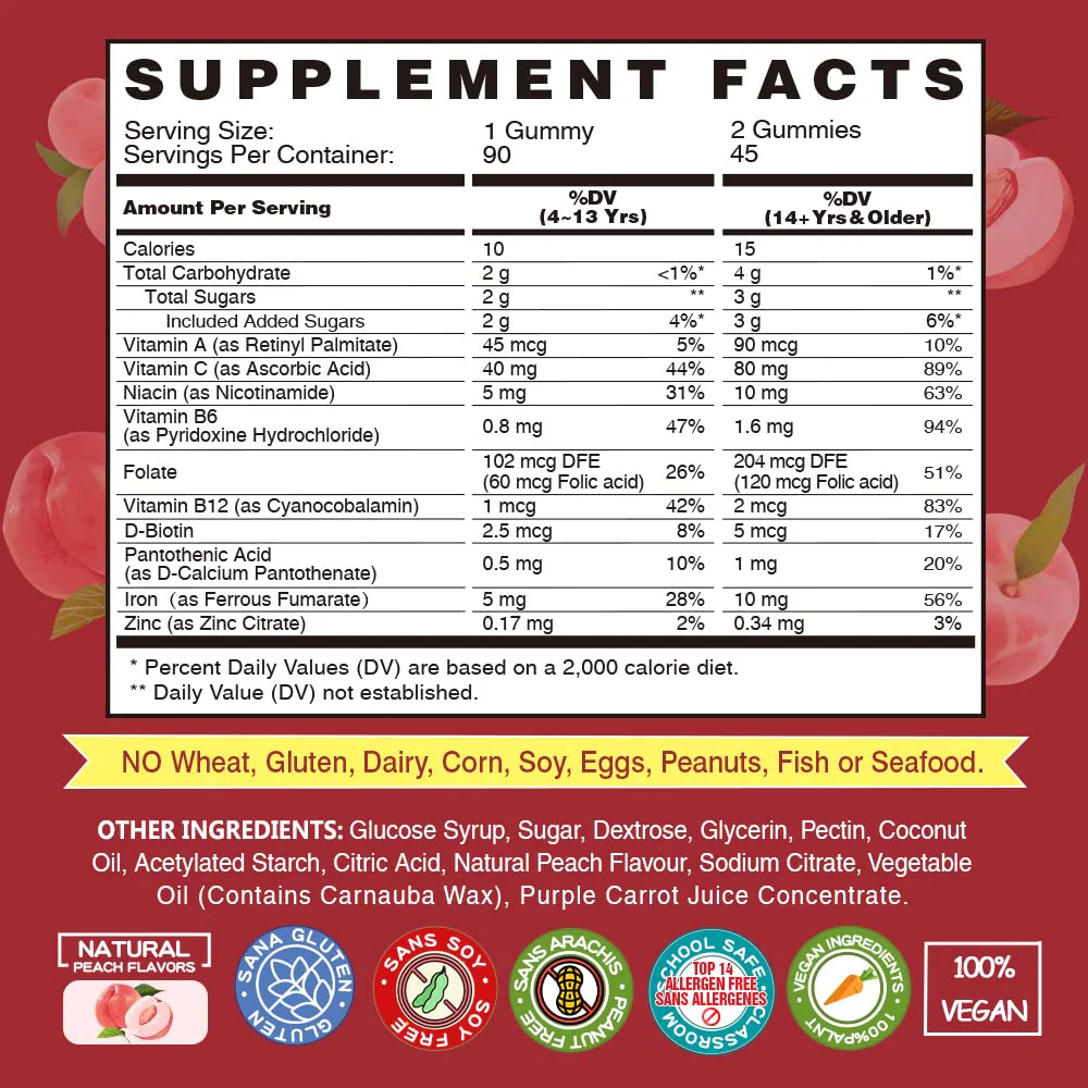 VEGEPOWER Iron Gummies – Vegan Iron Multivitamin for Women & Kids, Peach Flavor (3 Packs) - Image 12