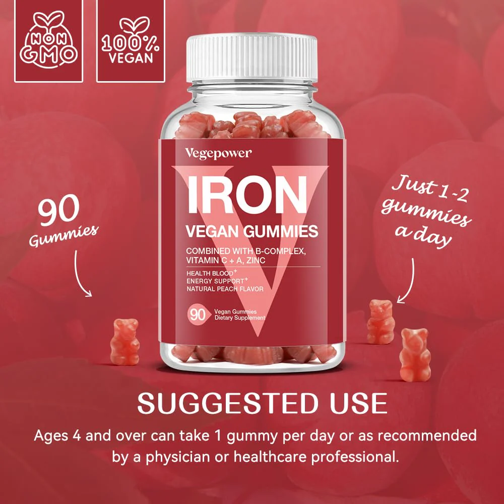 VEGEPOWER Iron Gummies – Vegan Iron Multivitamin for Women & Kids, Peach Flavor (3 Packs) - Image 5