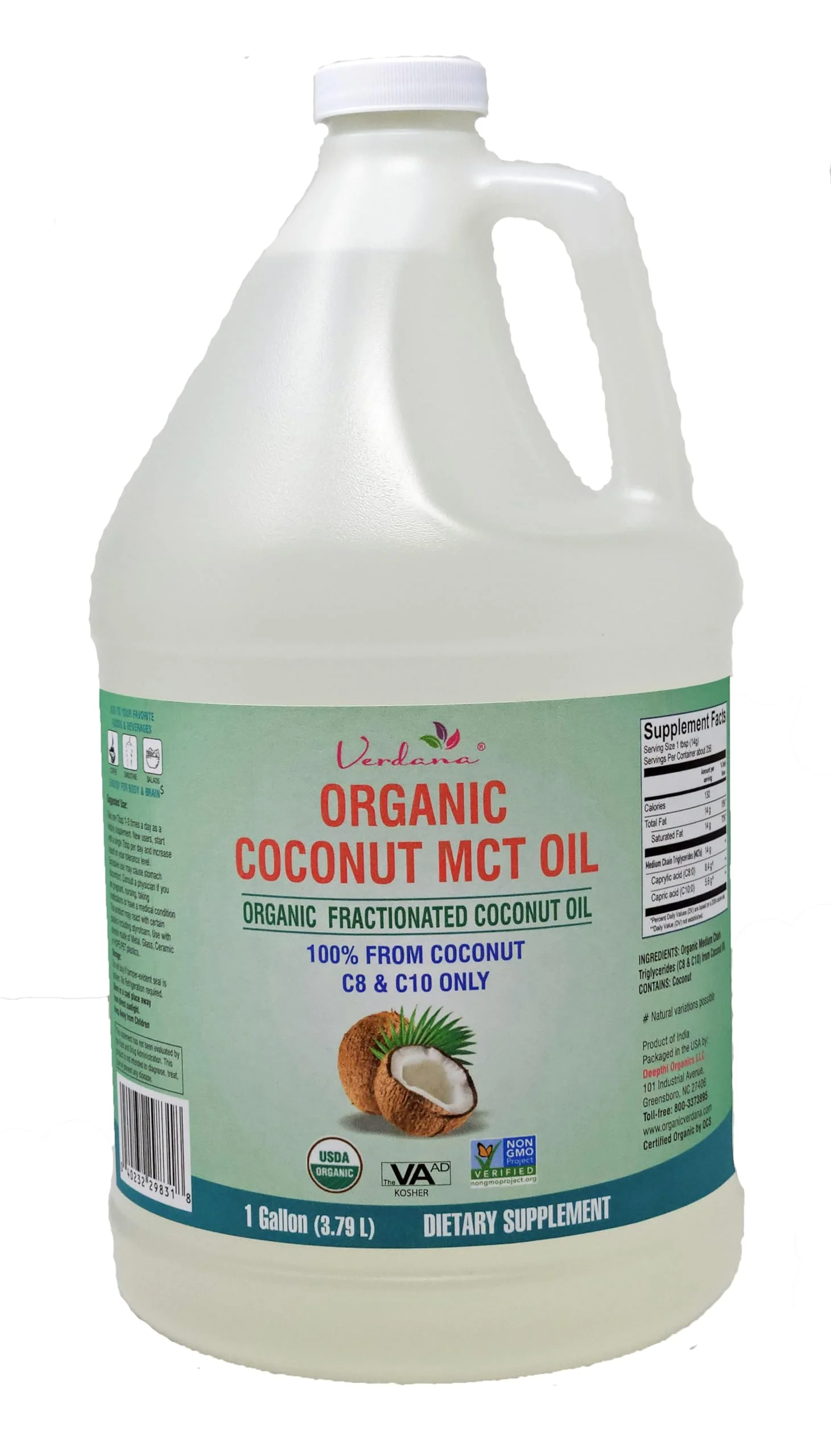 Verdana USDA Certified Organic Coconut MCT Oil – Fractionated Coconut Oil, No Palm Kernel Used, Kosher, Non-GMO, Food Grade – 1 Gallon