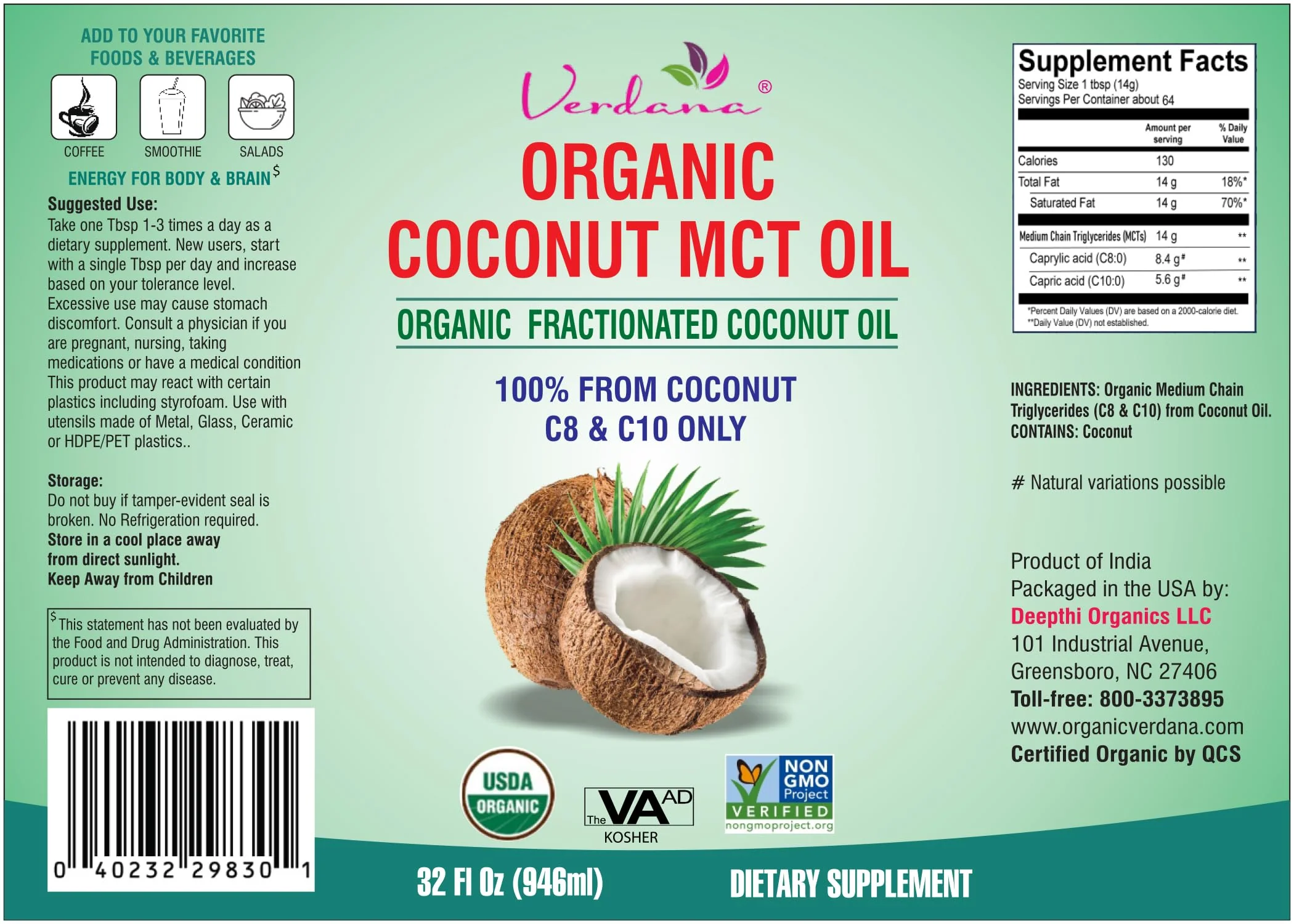 Verdana USDA Certified Organic Coconut MCT Oil – Fractionated Coconut Oil, No Palm Kernel Used, Kosher, Non-GMO, Food Grade – 1 Gallon - Image 16