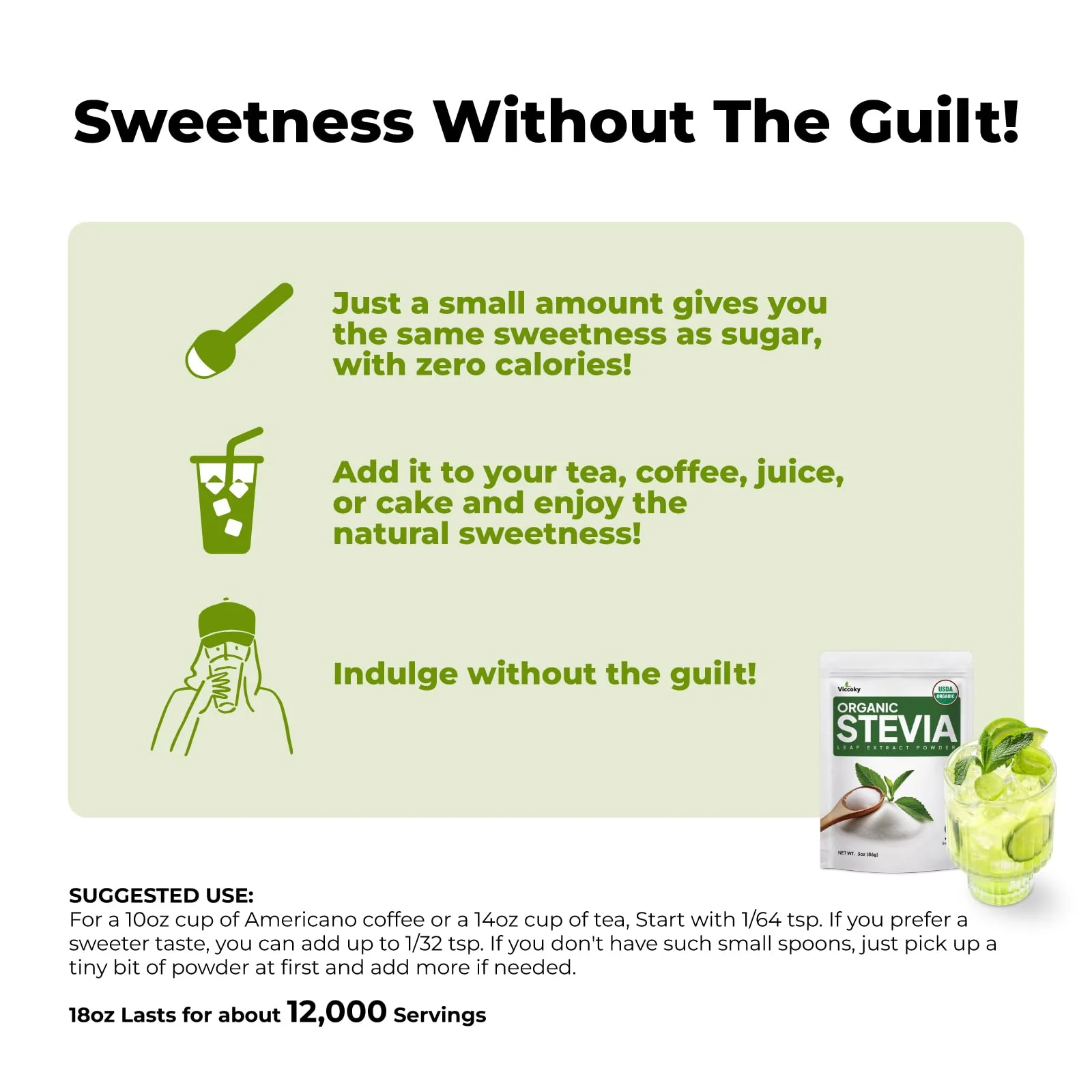 Viccoky Organic Stevia Powder – Pure, Zero-Calorie Sugar Substitute (18oz) | Keto & Vegan Friendly - Image 11