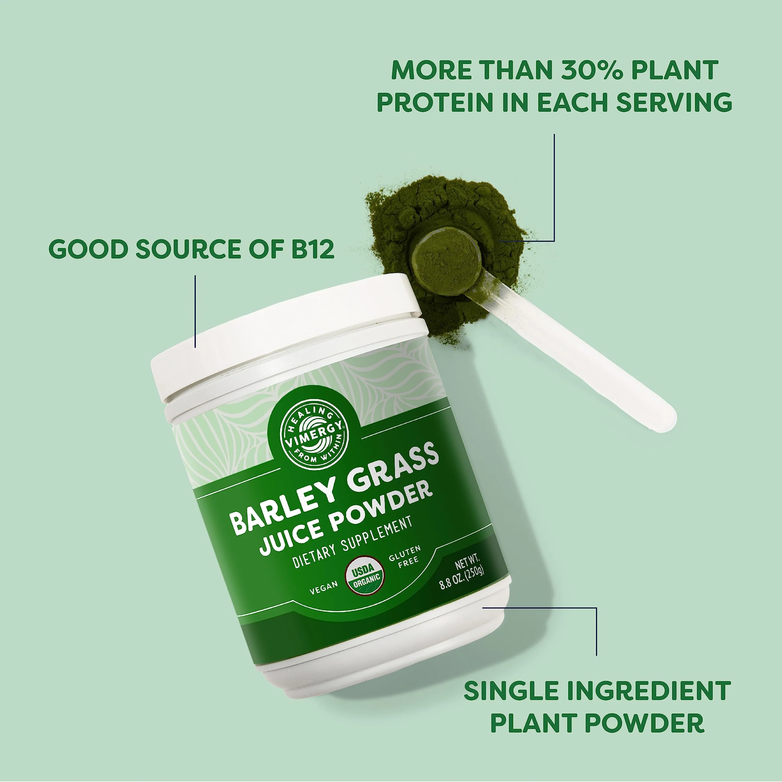 Vimergy Barley Grass Juice Powder – 0.8g per Serving, 312 Servings | Organic, Vegan, Gluten-Free, 250g Regular Size - Image 2