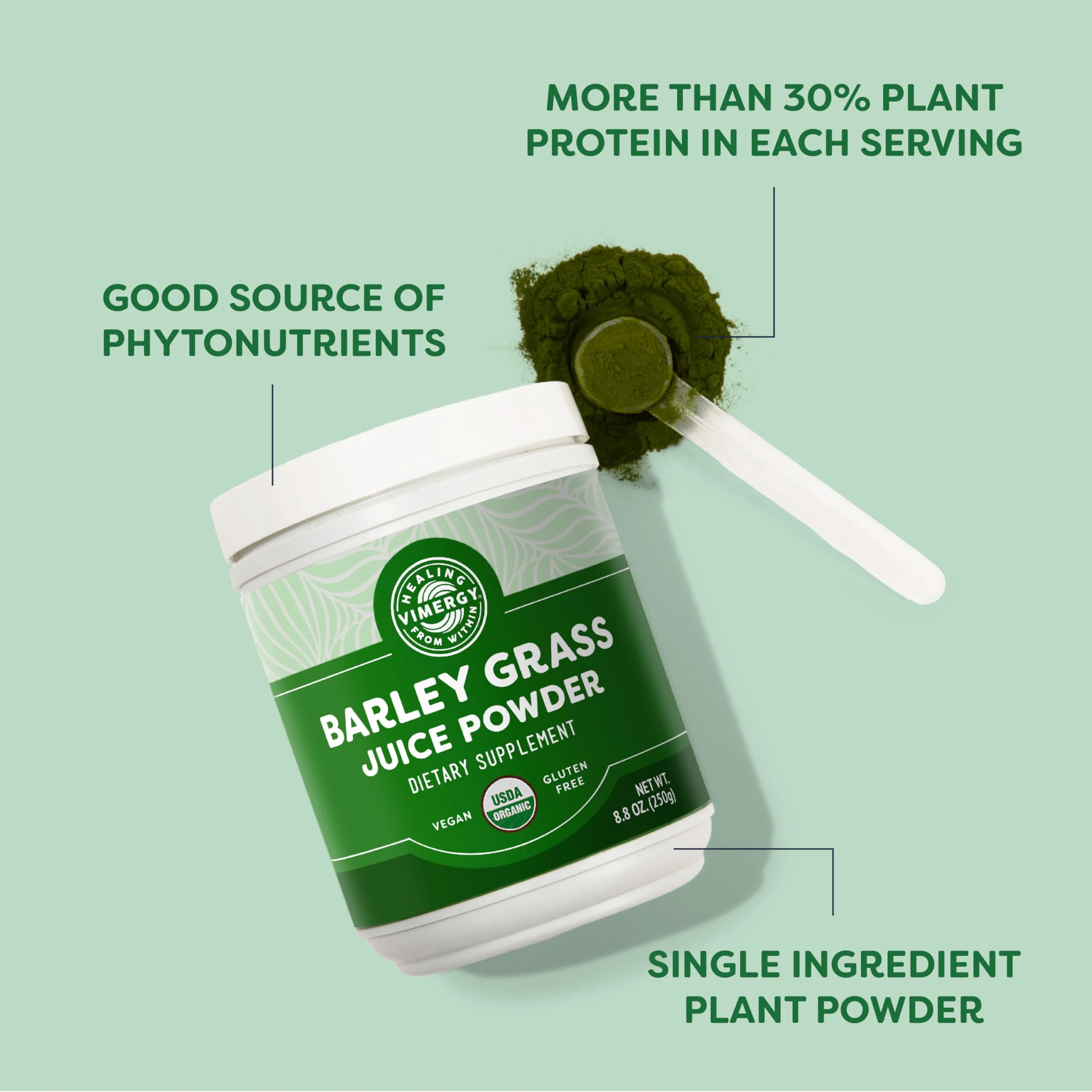 Vimergy Barley Grass Juice Powder – 0.8g per Serving, 312 Servings | Organic, Vegan, Gluten-Free, 250g Regular Size - Image 3