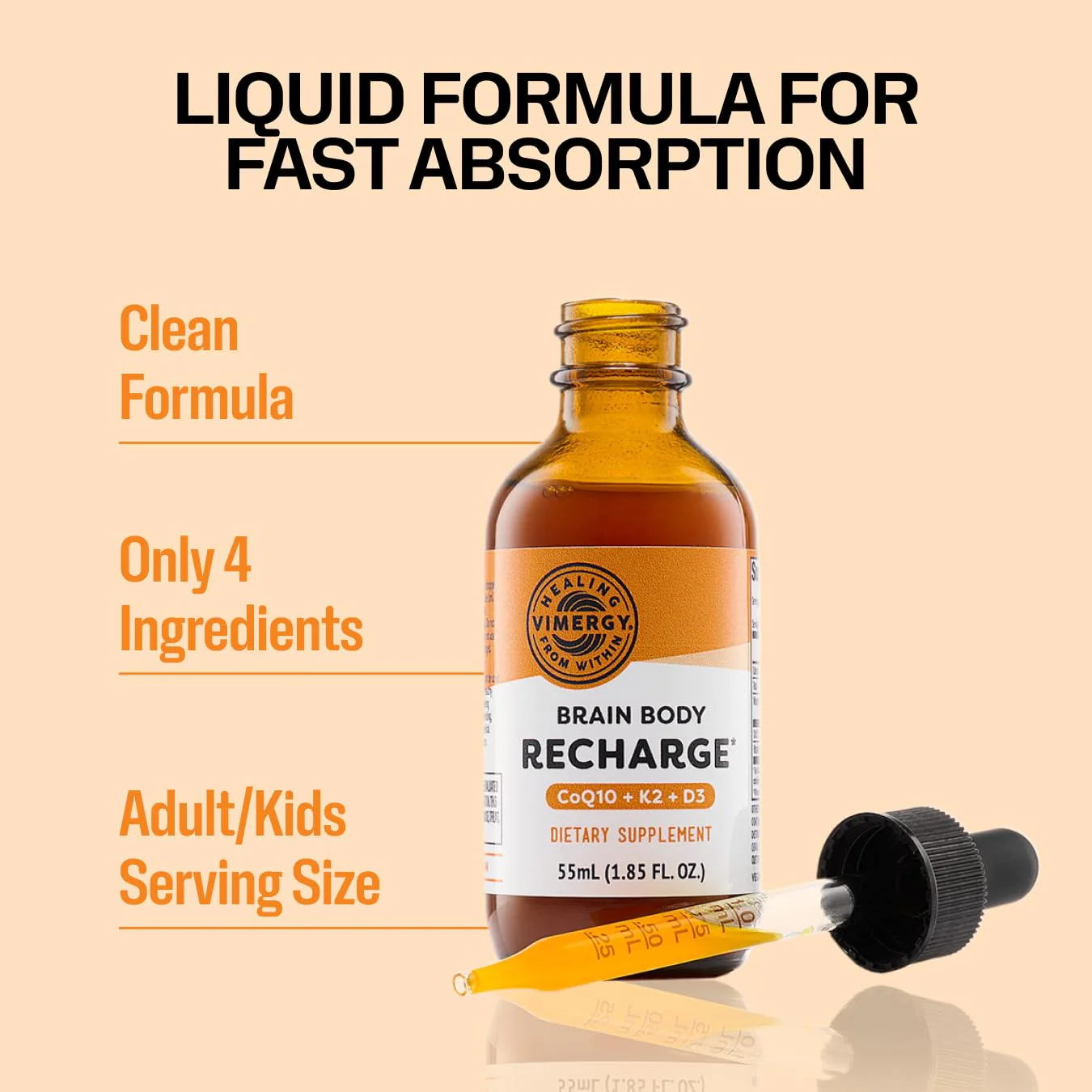 Vimergy Brain Body Recharge – D3, K2 & CoQ10 for Cellular Energy | Vegan, Gluten-Free, 55 mL - Image 3
