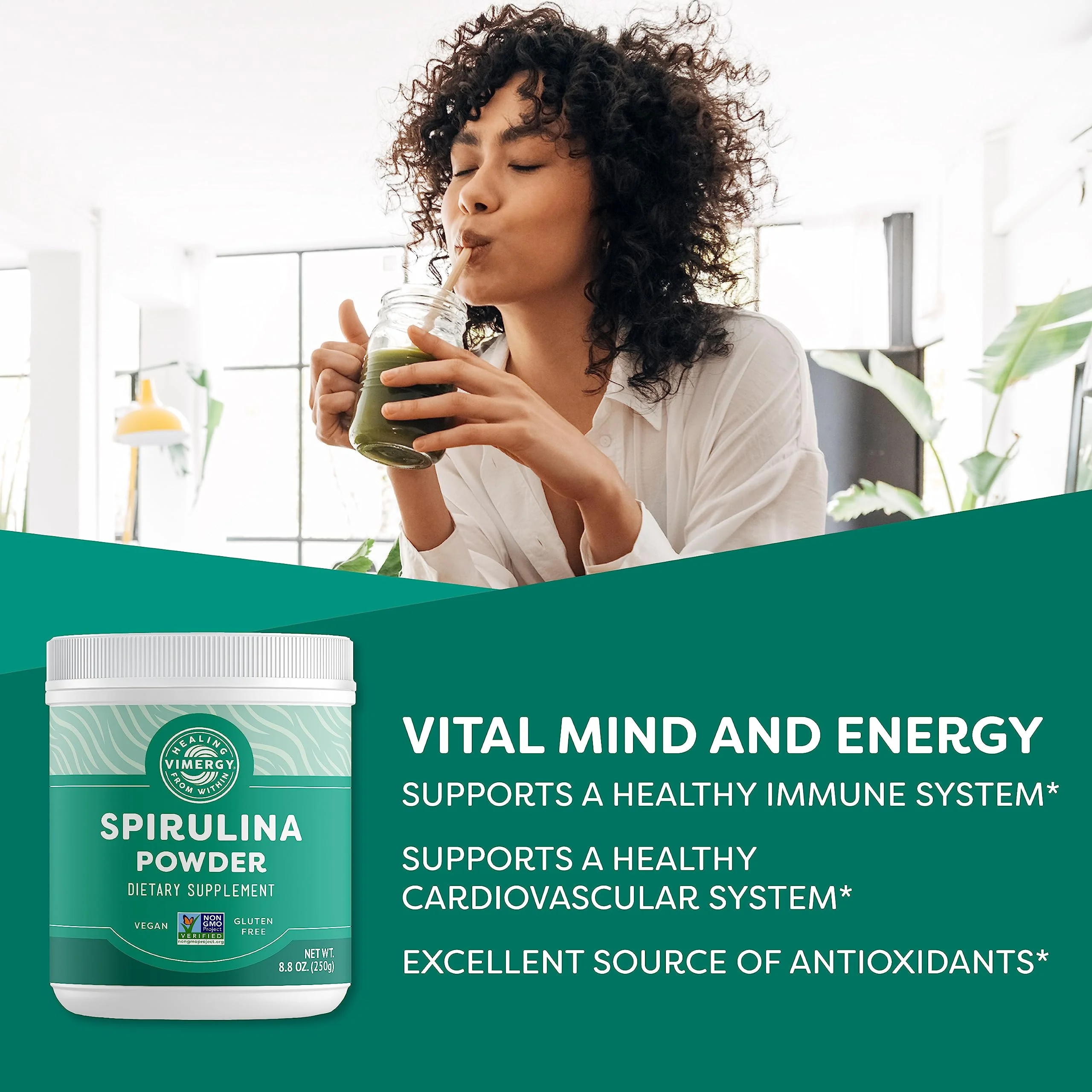 Vimergy Spirulina Powder – Concentrated Plant Protein for Immune & Cardiovascular Support – Vegan, Kosher, Gluten-Free – 250g - Image 2