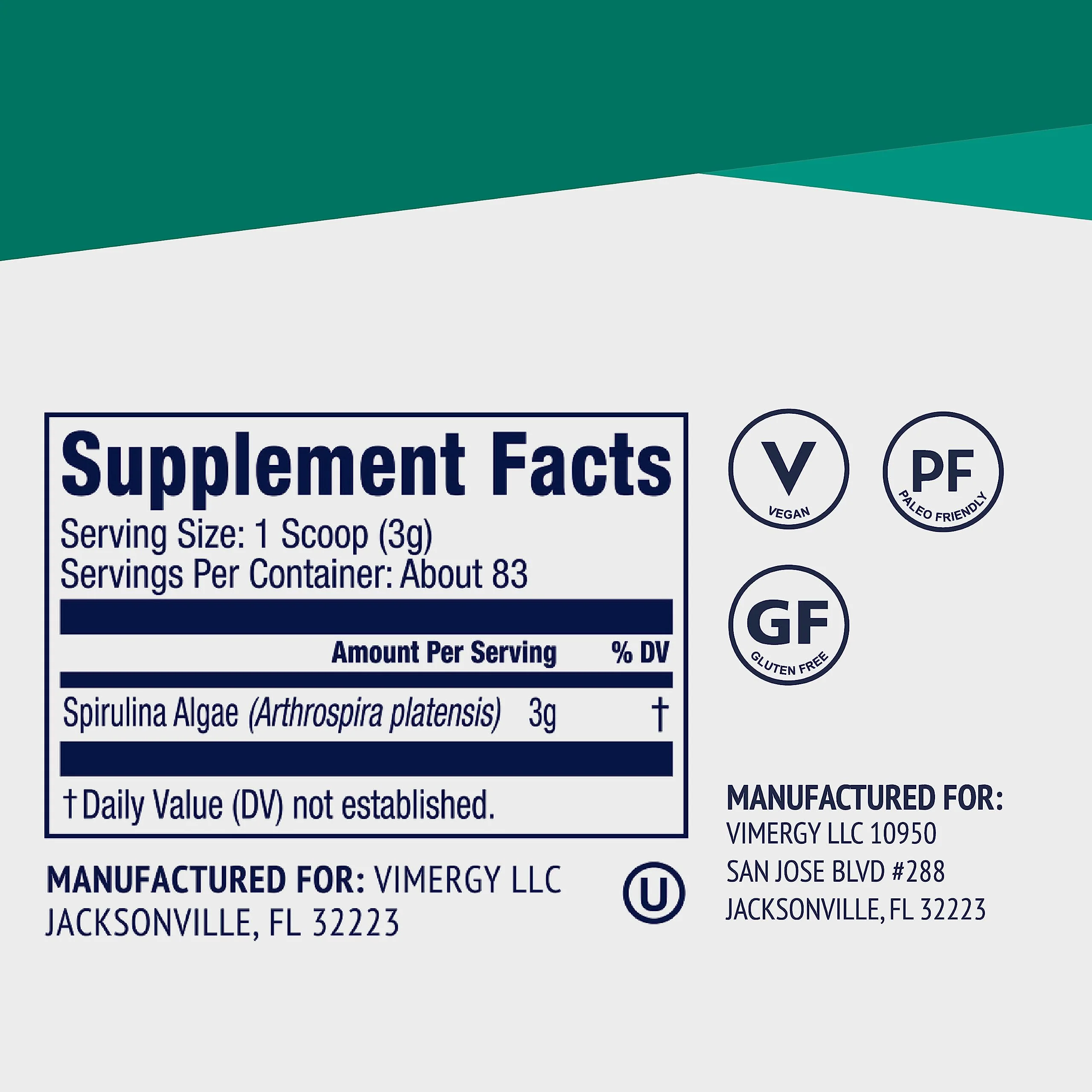 Vimergy Spirulina Powder – Concentrated Plant Protein for Immune & Cardiovascular Support – Vegan, Kosher, Gluten-Free – 250g - Image 4
