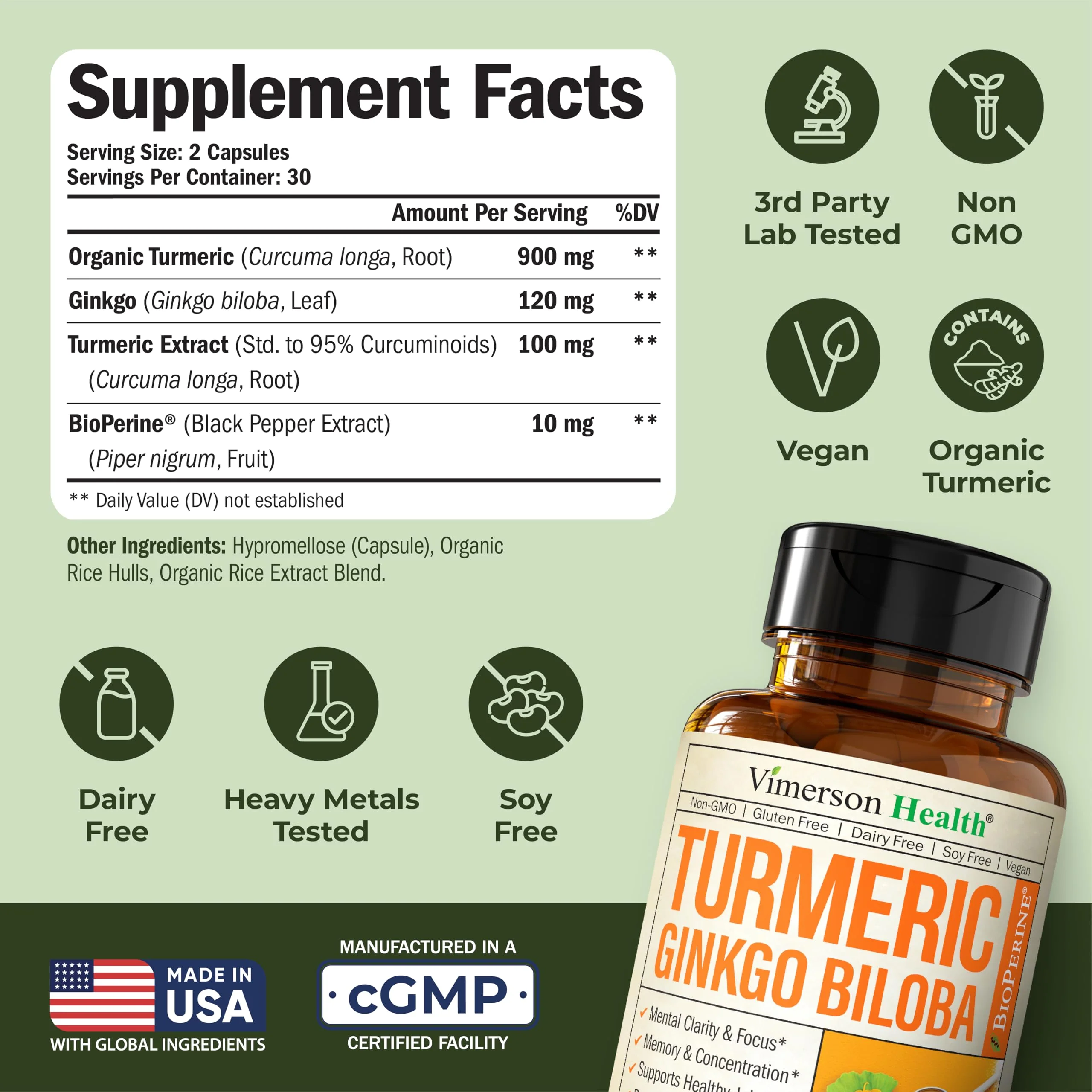 Vimerson Health Ginkgo Biloba & Turmeric Curcumin Supplement with Black Pepper – Focus, Memory & Joint Support – Vegan 2-Pack - Image 3