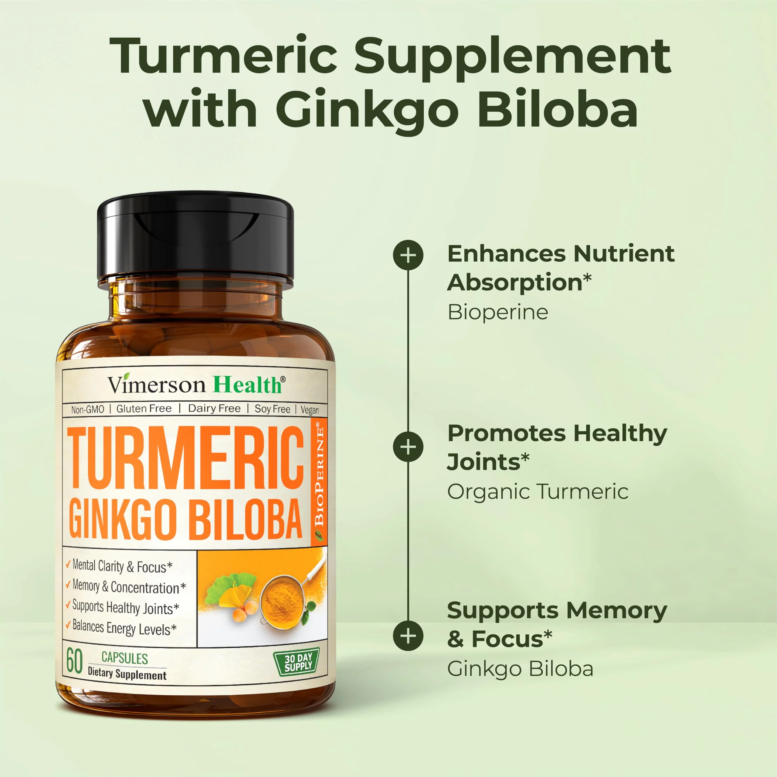 Vimerson Health Ginkgo Biloba & Turmeric Curcumin Supplement with Black Pepper – Focus, Memory & Joint Support – Vegan 2-Pack - Image 5