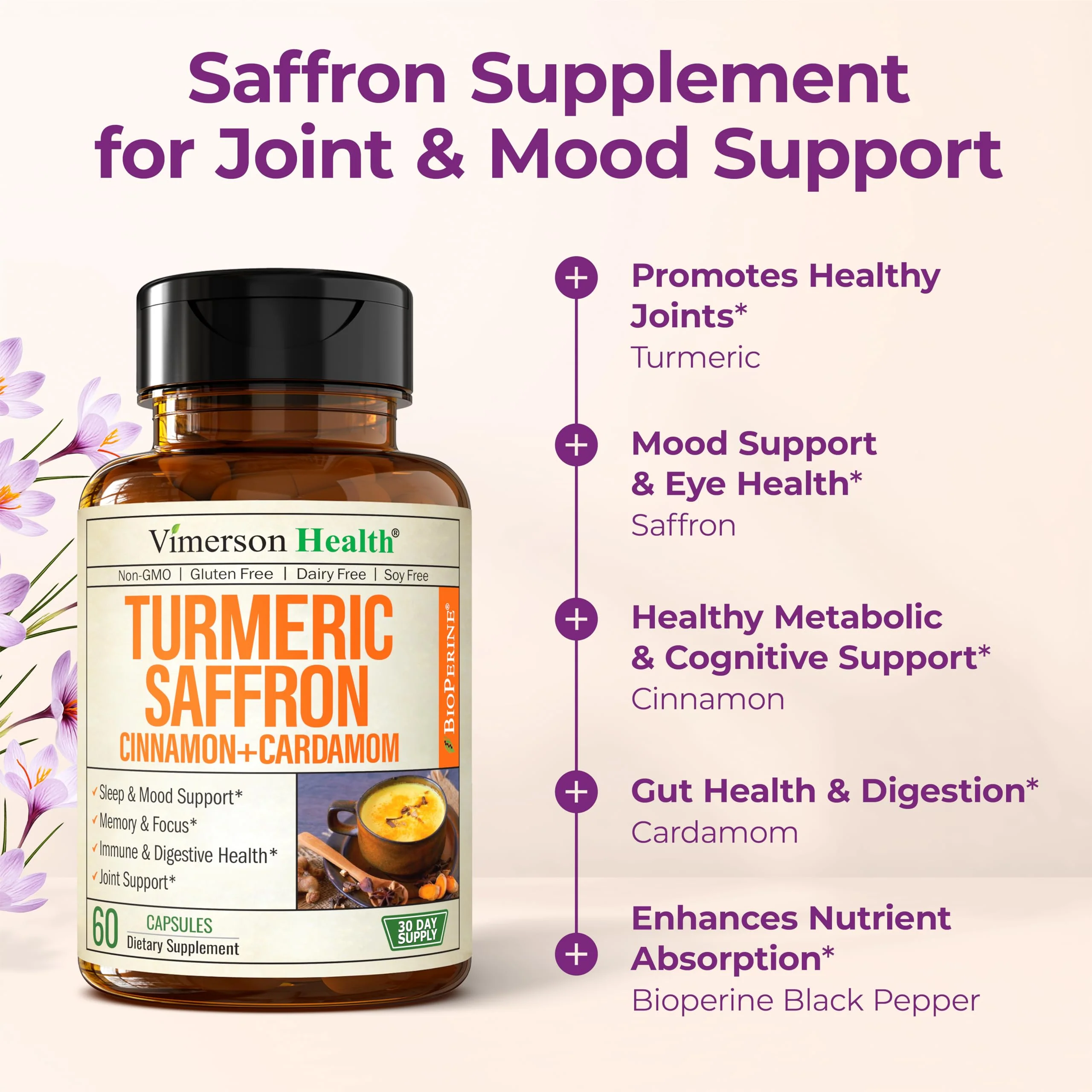 Vimerson Health Saffron Supplements (89 mg) – Turmeric Curcumin with Cinnamon, Cardamom, Eye Health & Mood – 2 Pack - Image 14